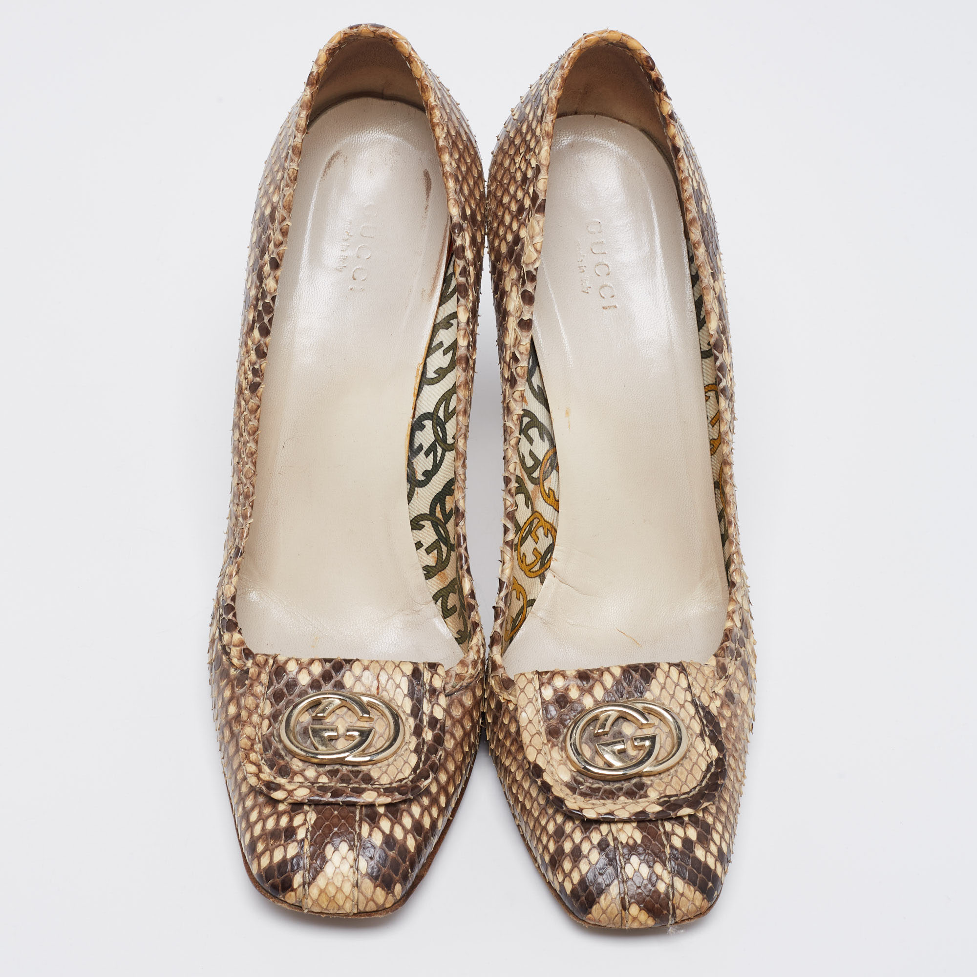 Gucci Brown/Beige Python GG Square Toe Pumps Size 39