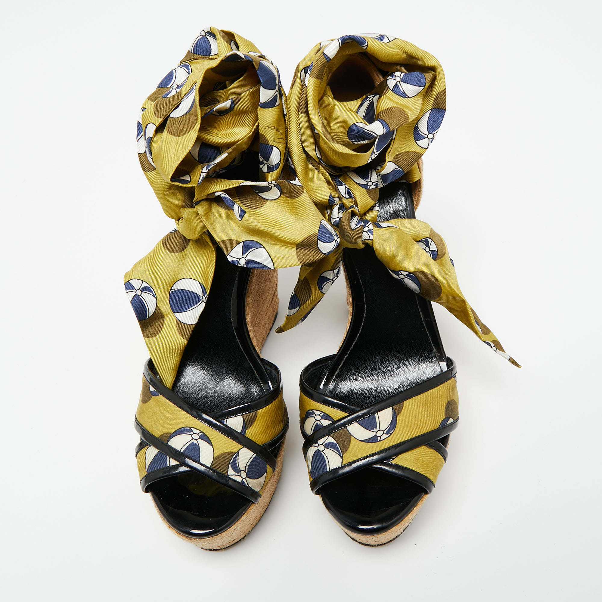 Gucci Multicolor Printed Silk And Jute Scarf Ankle Wrap Wedge Sandals Size 39