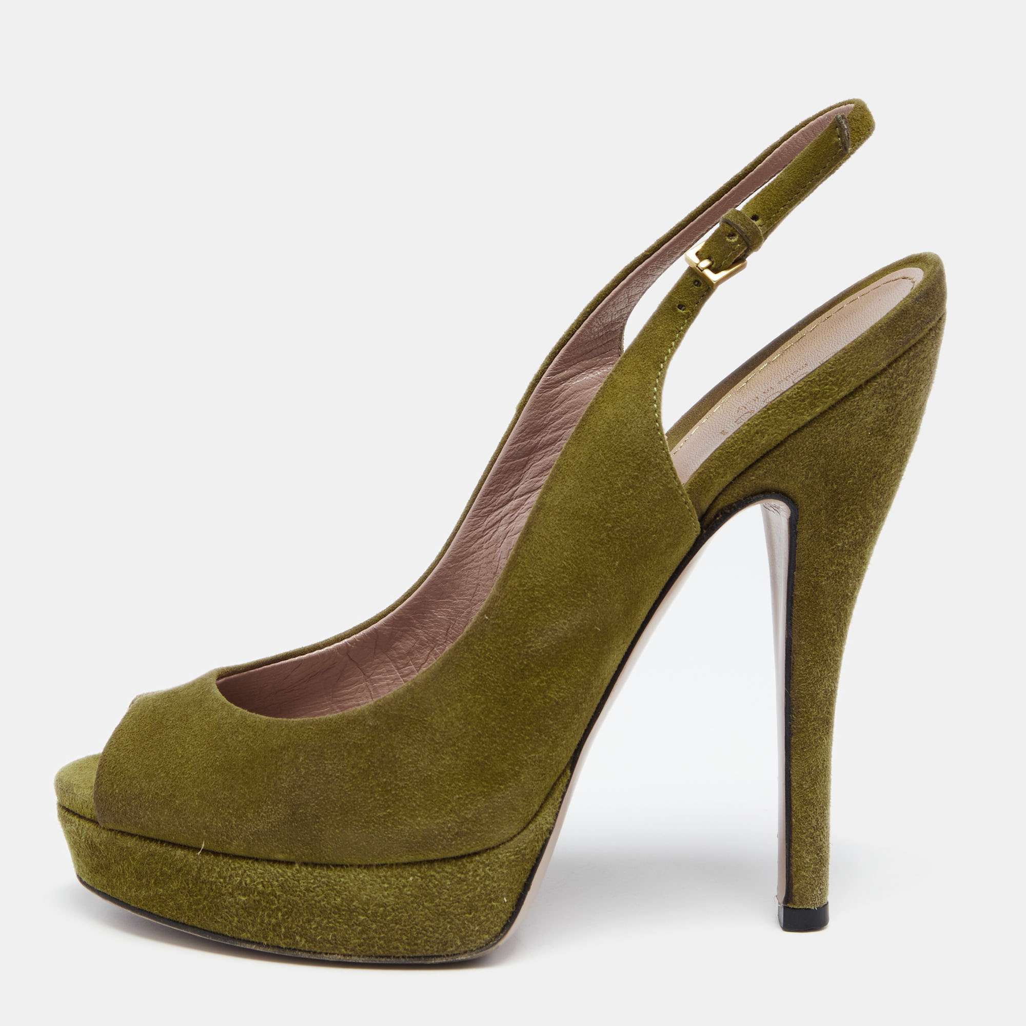 Gucci Olive Green Suede Peep Toe Platform Slingback Sandals Size 36