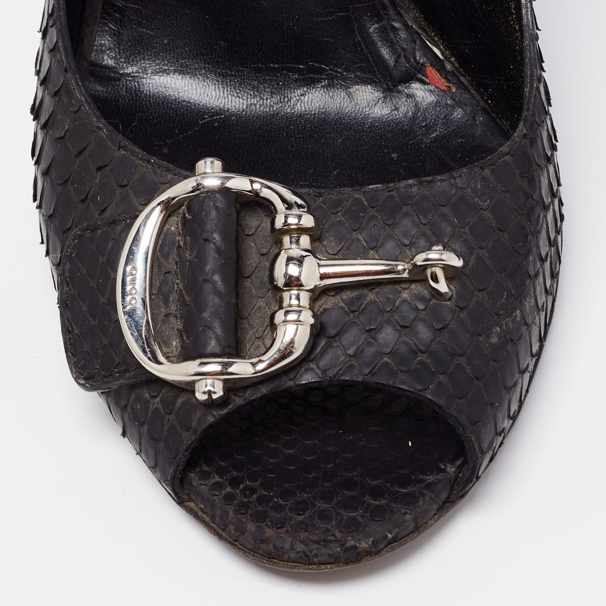 Gucci Black Python Leather Icon Bit Peep-Toe Slingback Sandals Size 39.5