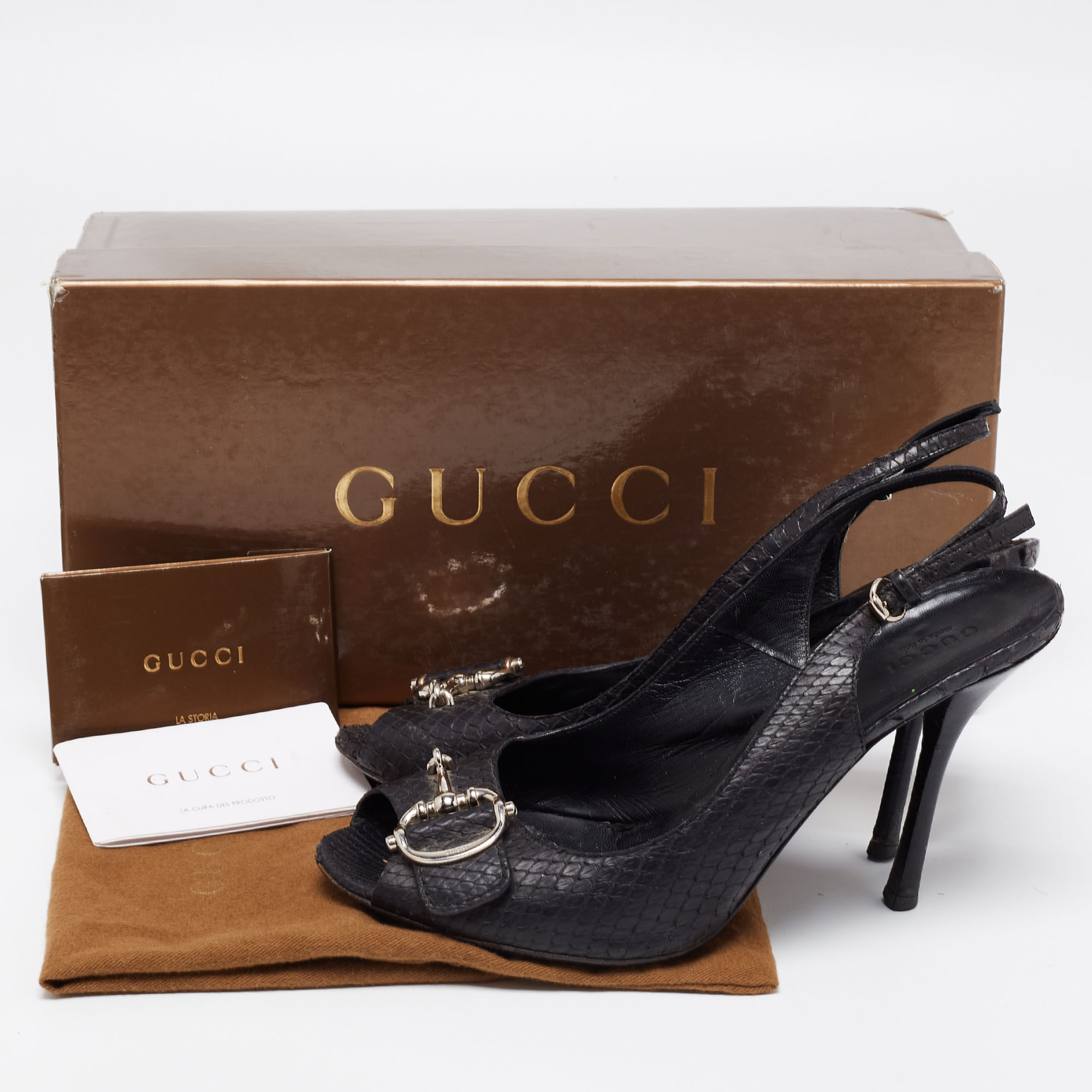 Gucci Black Python Leather Icon Bit Peep-Toe Slingback Sandals Size 39.5