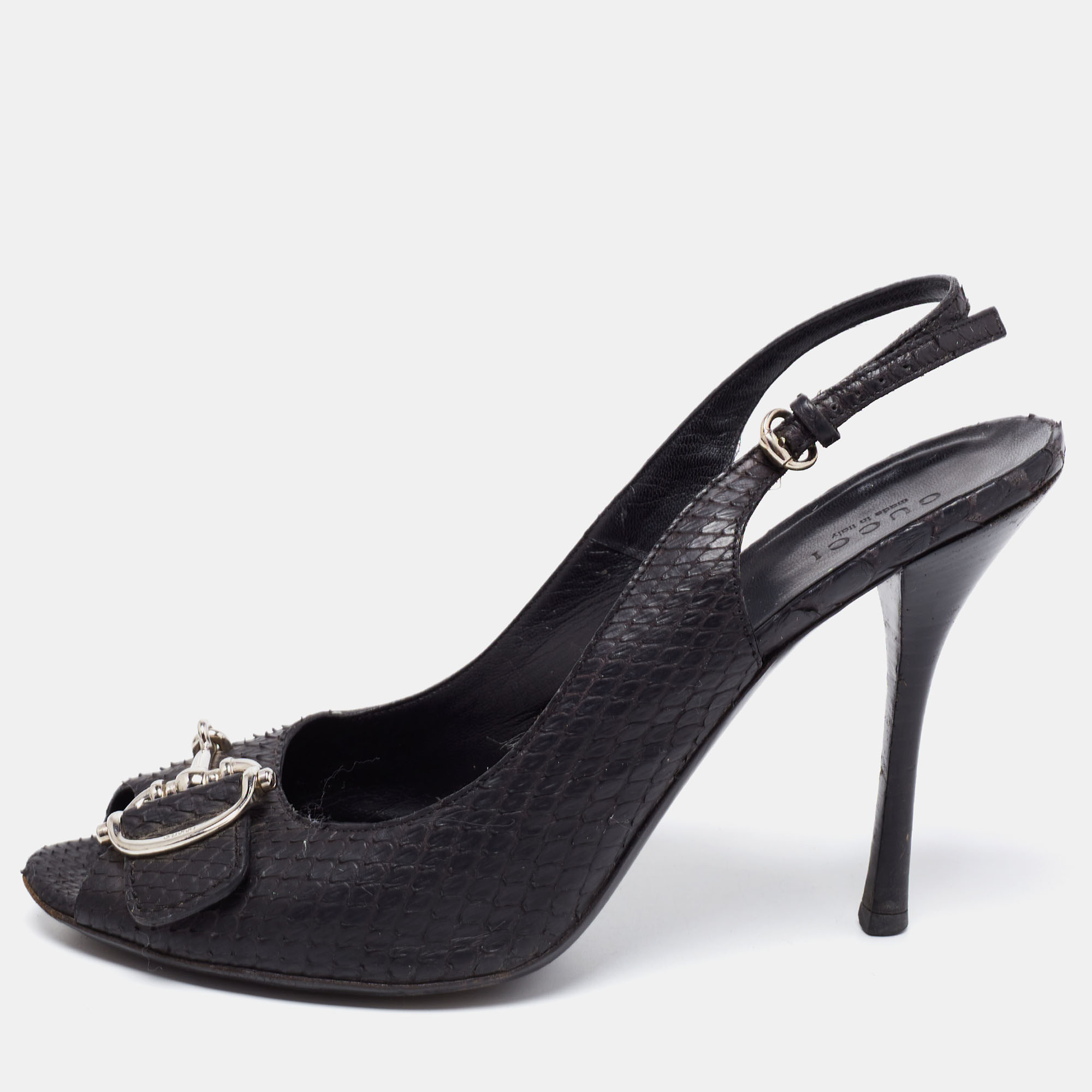 Gucci black python leather icon bit peep-toe slingback sandals size 39.5