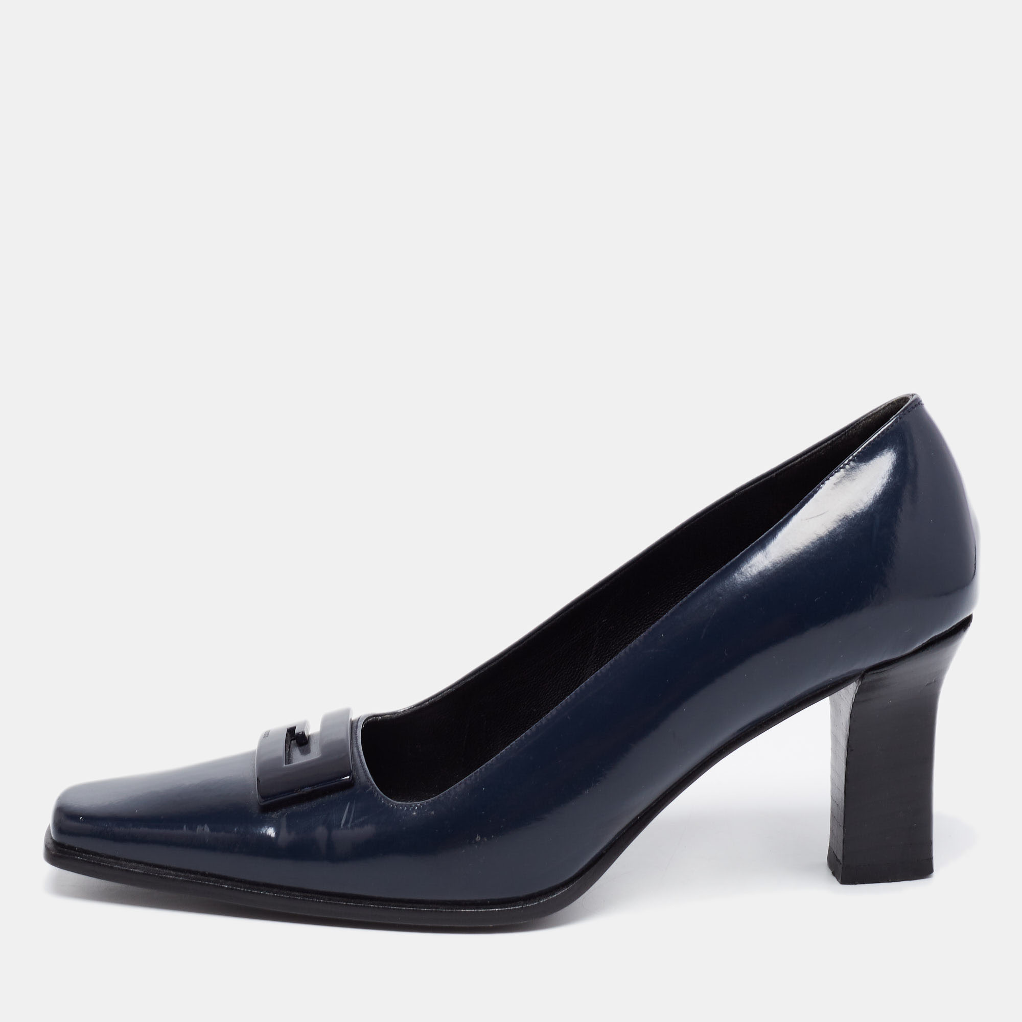 Gucci midnight blue patent leather square-toe pumps size 36.5