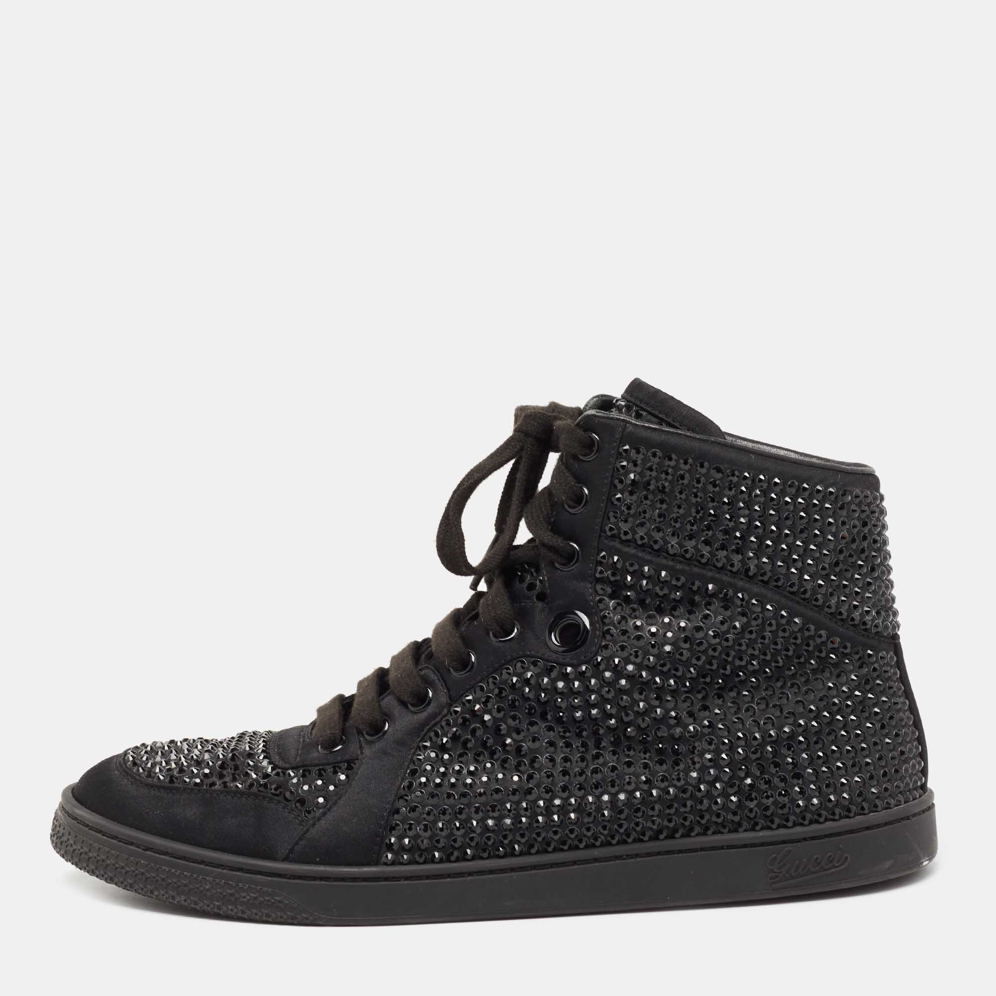 Gucci black satin crystal embellished coda high top sneakers size 39