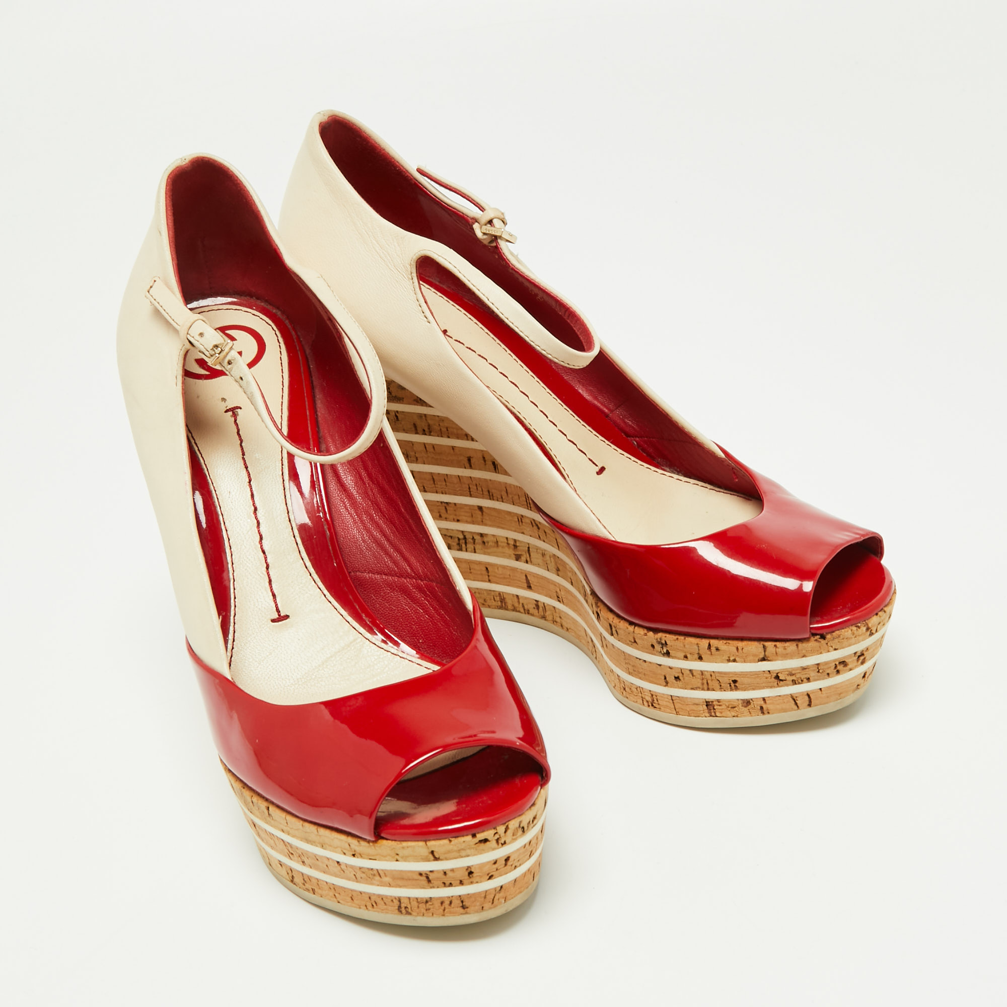 Gucci Red/Cream Patent Leather Colorblock Platform Wedge Mary Jane Peep Toe Pumps Size 38