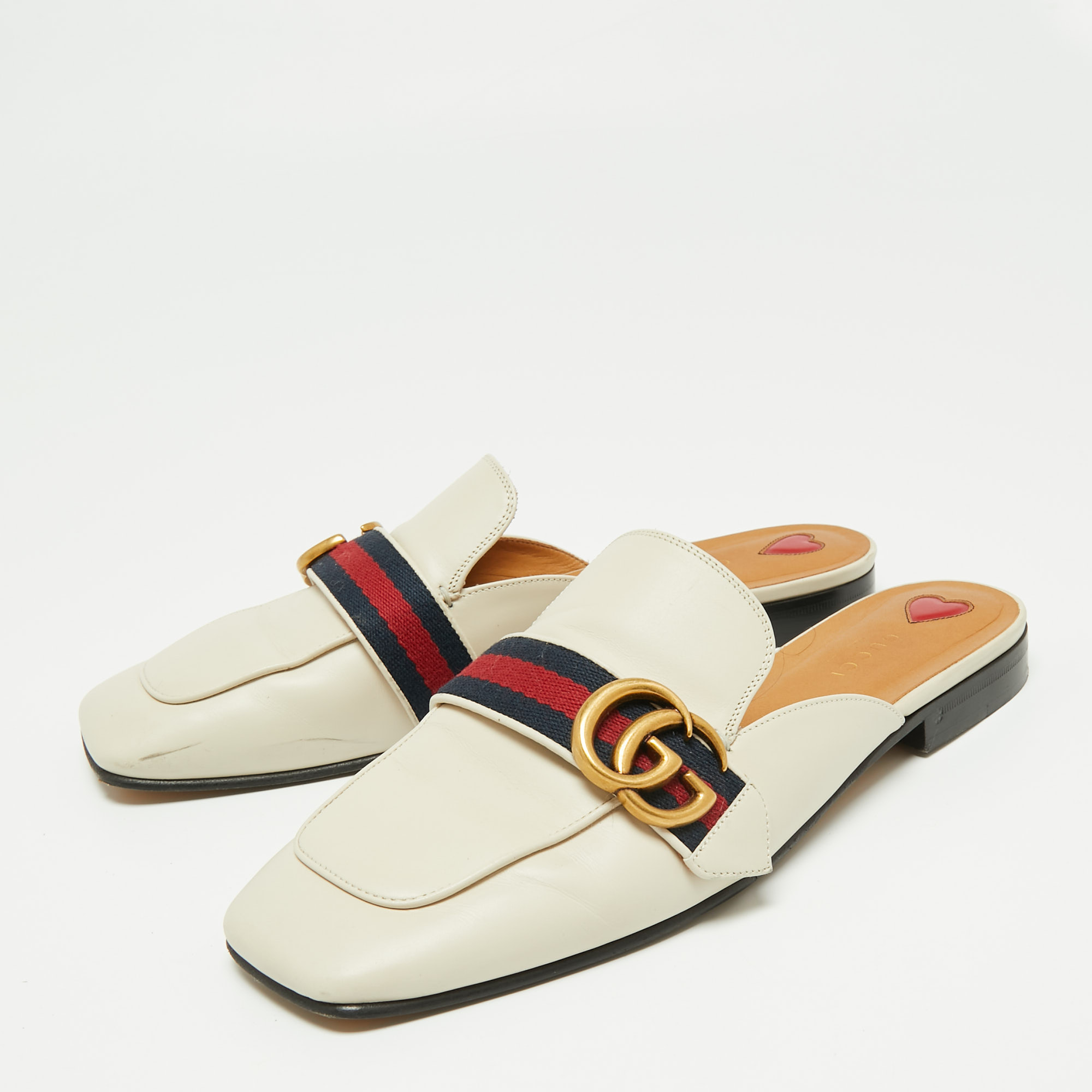 

Gucci Off White GG Twins Web Leather Slide Mules Size