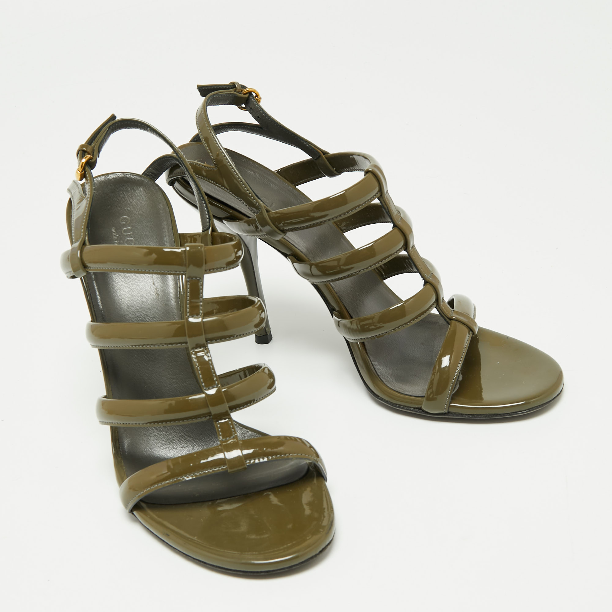 Gucci Olive Green Patent Leather Ankle Strap Gladiator Sandals Size 38