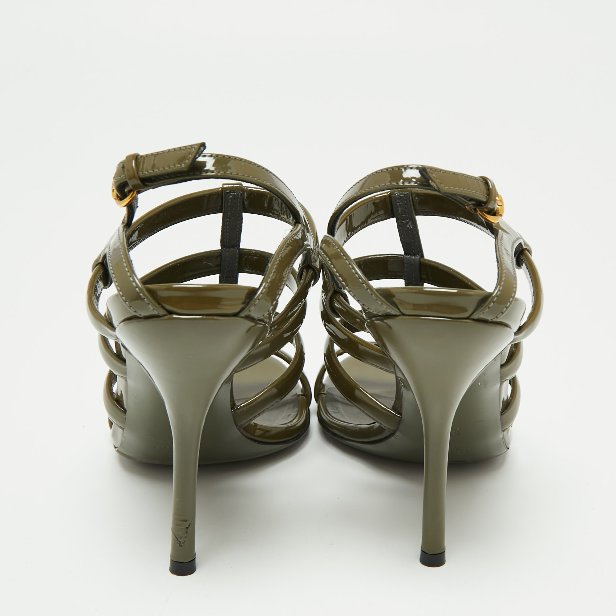 Gucci Olive Green Patent Leather Ankle Strap Gladiator Sandals Size 38