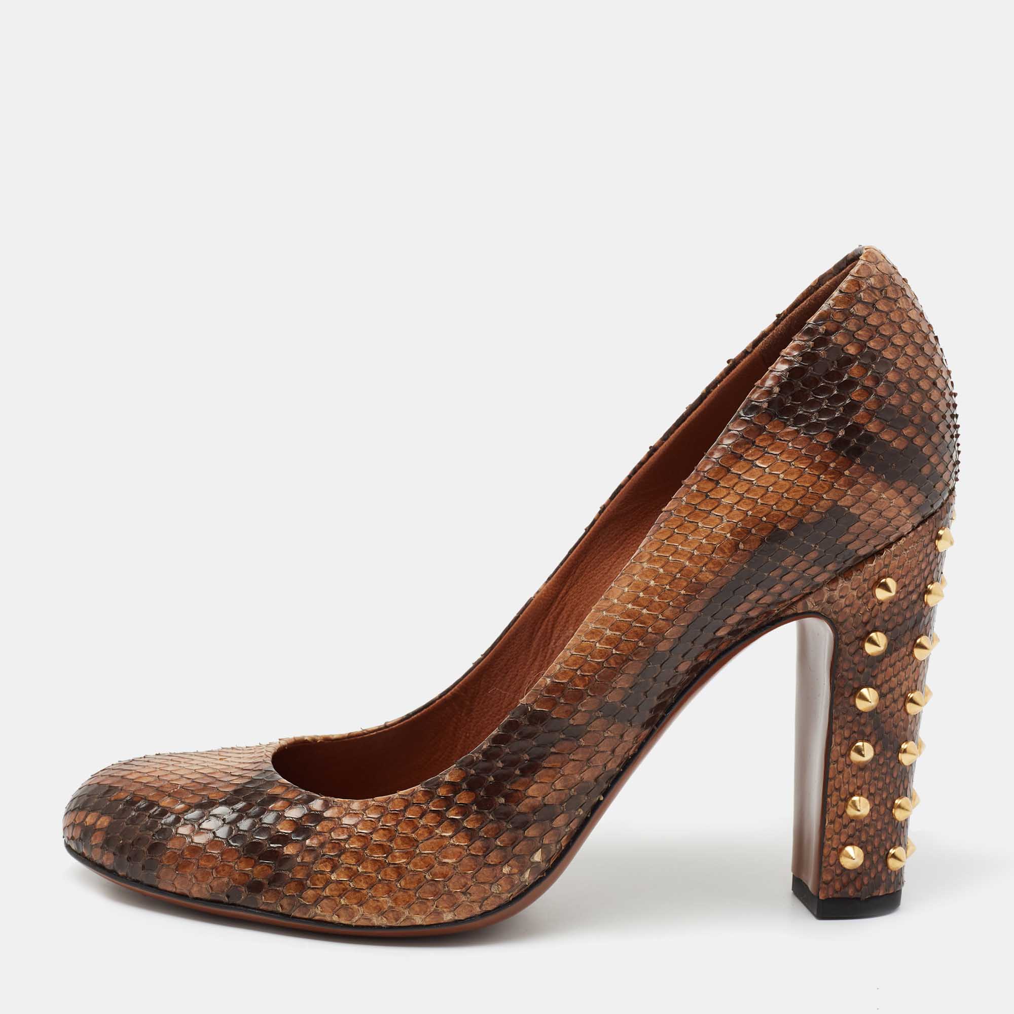 Gucci brown/black python leather studded heel pumps size 40