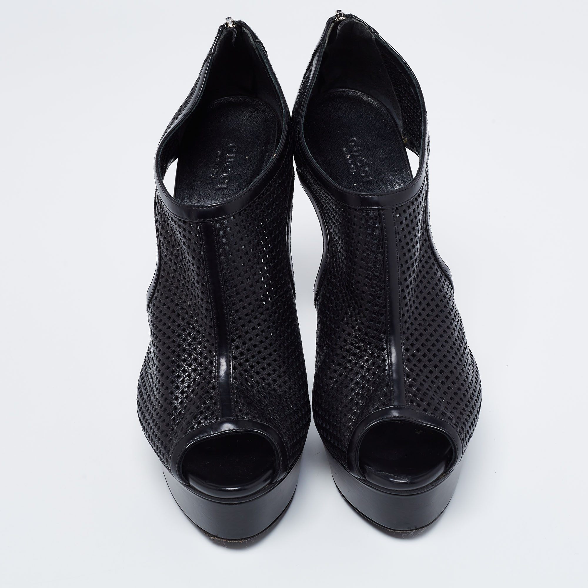 Gucci Black Perforated Leather Kim Peep-Toe Platform Ankle Booties Size 39.5