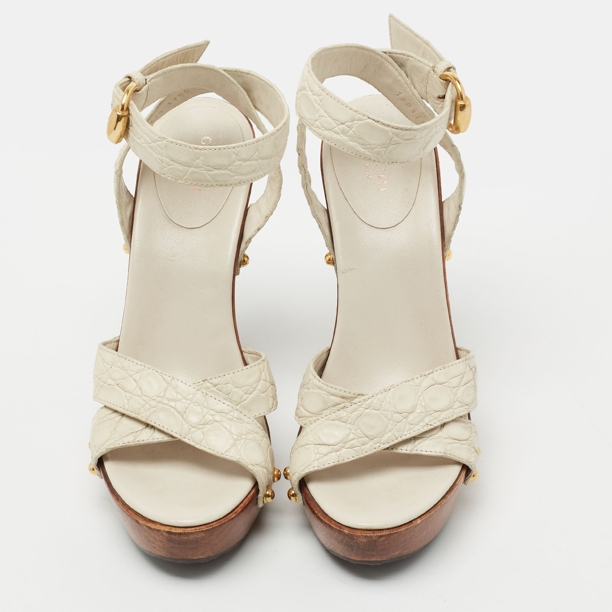 Gucci Beige Croc Embossed Leather Criss Cross Ankle Strap Platform Sandals Size 37.5