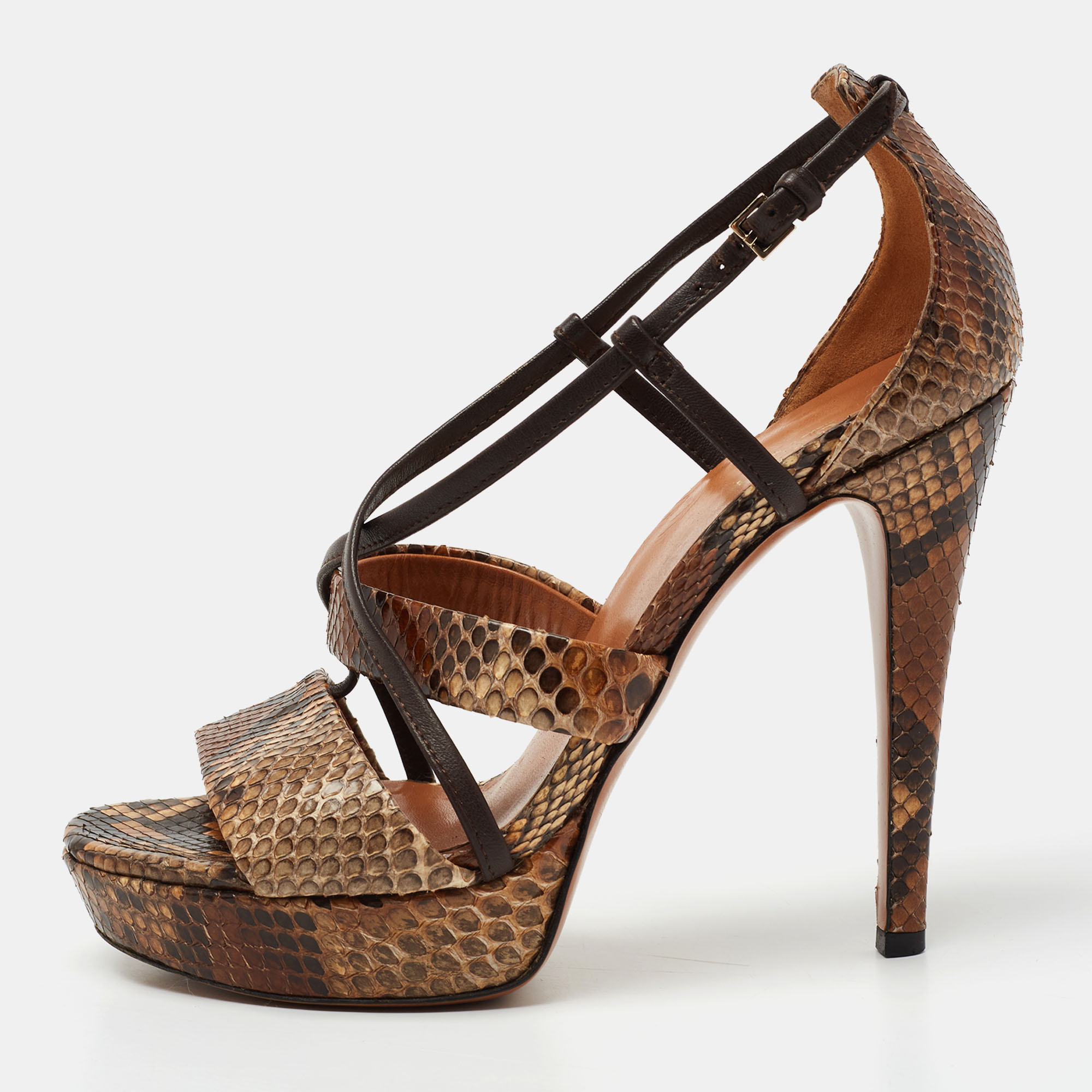 Gucci brown/black python open toe crisscross ankle strap sandals size 36.5