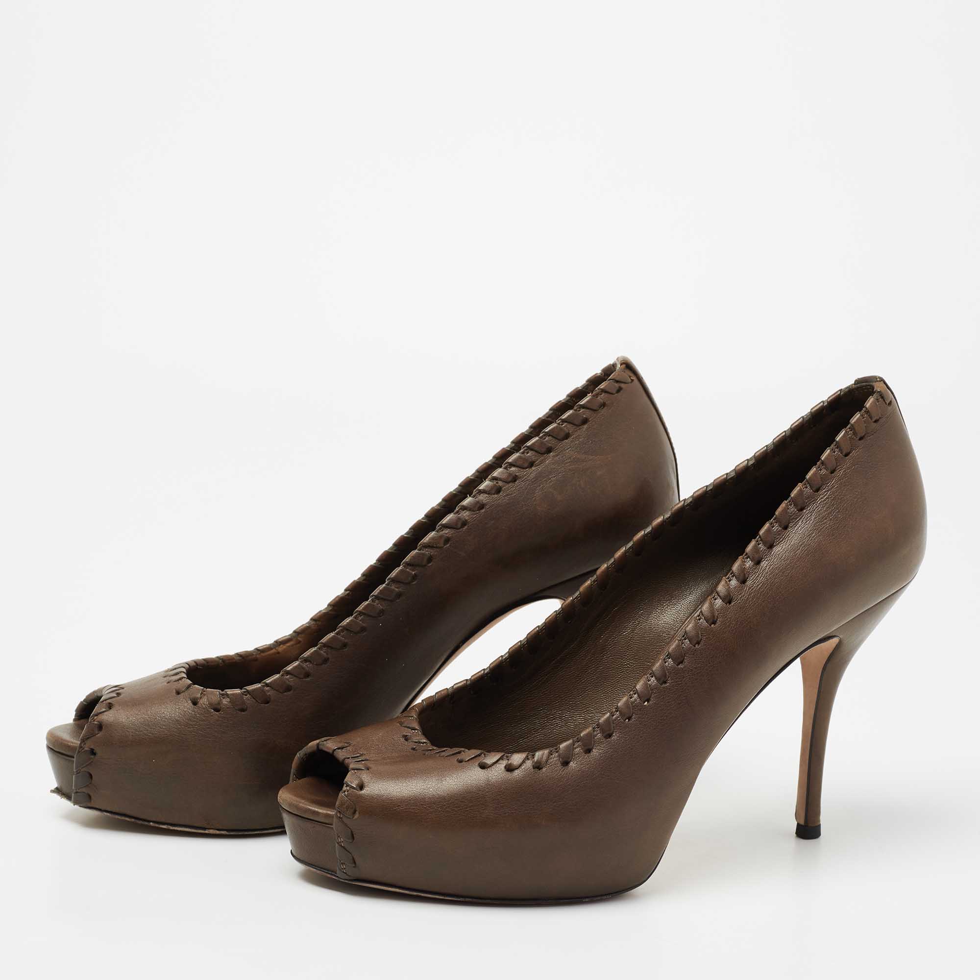 Gucci Brown Leather Whipstitch Peep Toe Platform Pumps Size 38