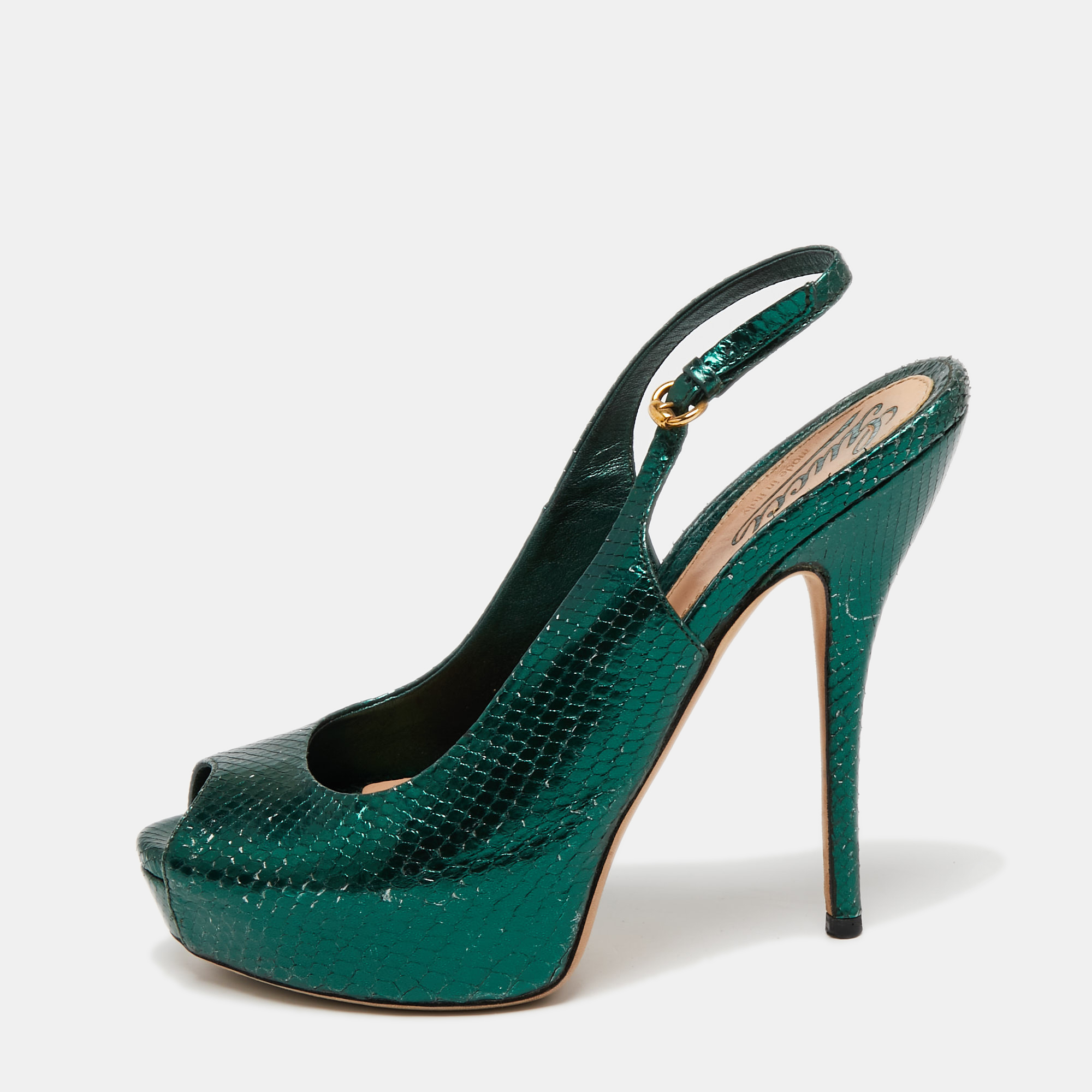 Gucci metallic green snakeskin embossed leather sofia platform slingback sandals size 36.5