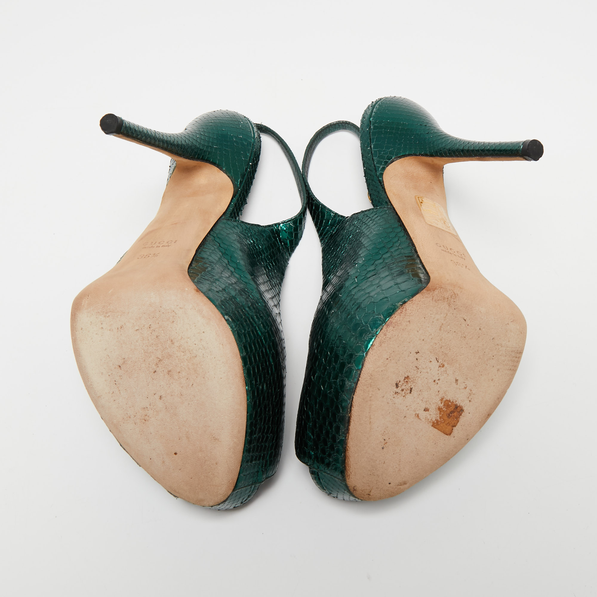 Gucci Metallic Green Snakeskin Embossed Leather Sofia Platform Slingback Sandals Size 36.5