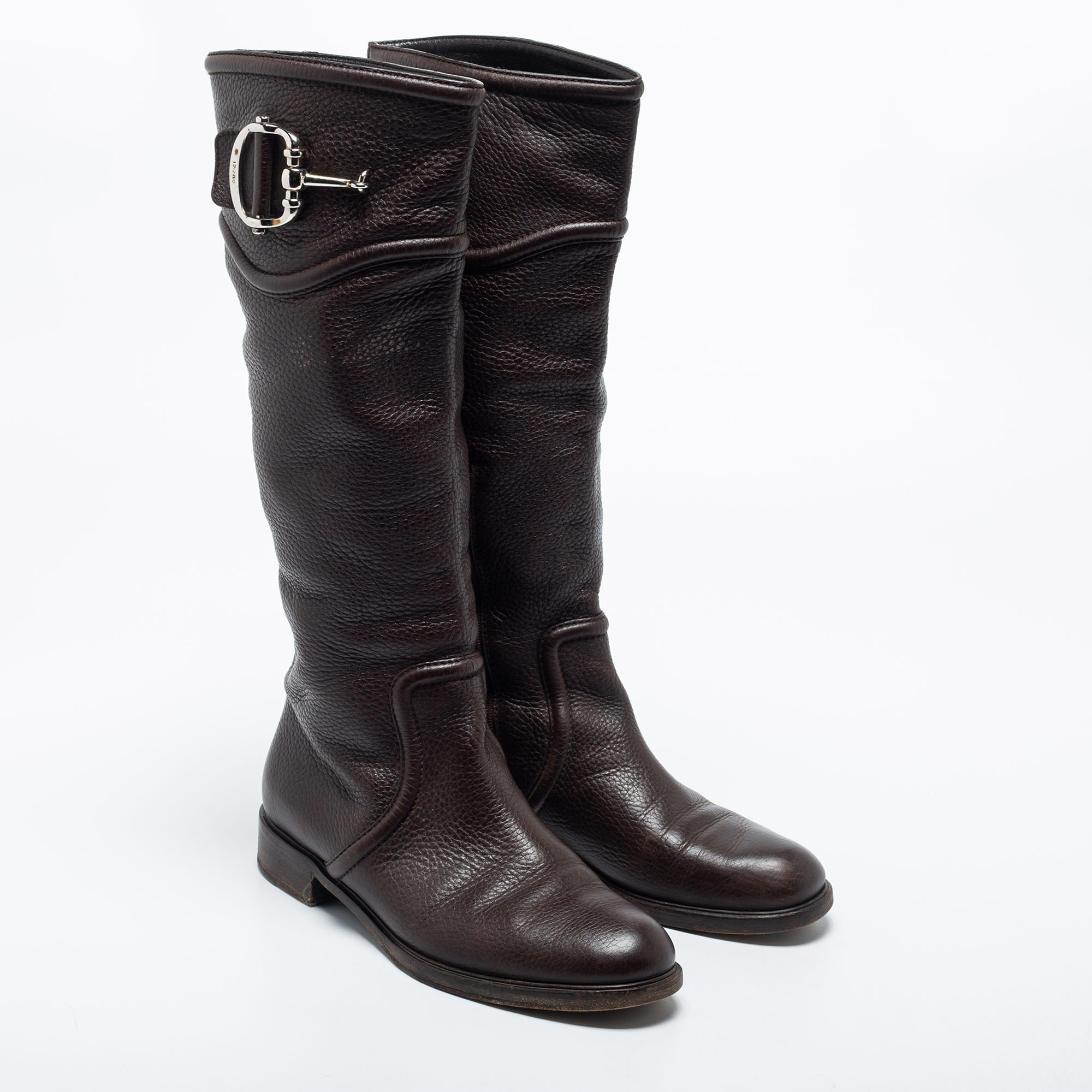 Gucci Dark Brown Leather Horsebit Calf Length Boots Size 38.5