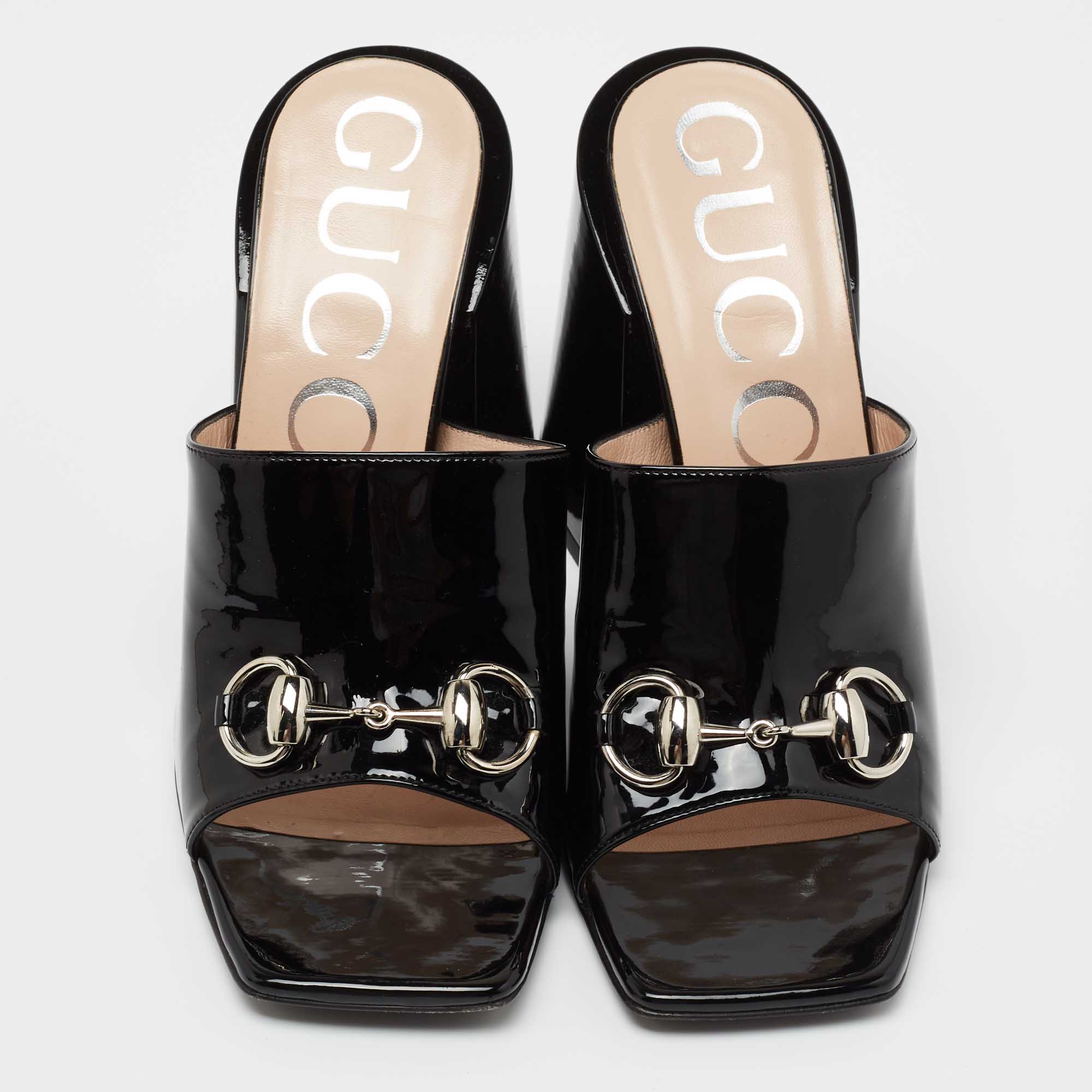 Gucci Back Patent Lexi Horsebit Accent Slide Sandals Size 38