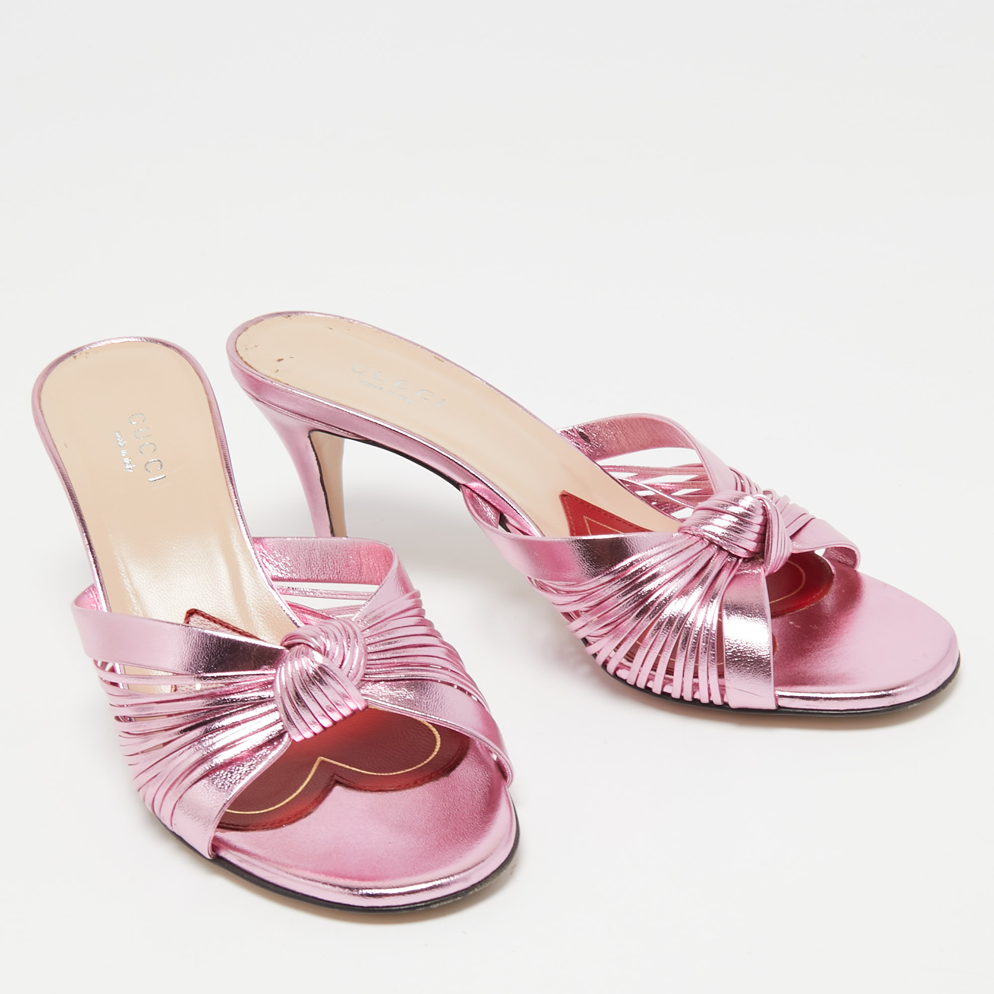Gucci Metallic Pink Leather Knotted Slide Sandals Size 36.5
