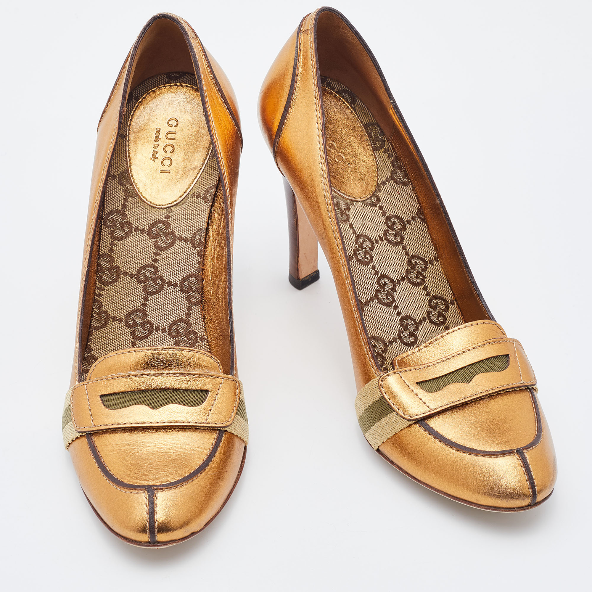 Gucci Metallic Gold Leather Lifford Penny Loafer Pumps Size 37.5