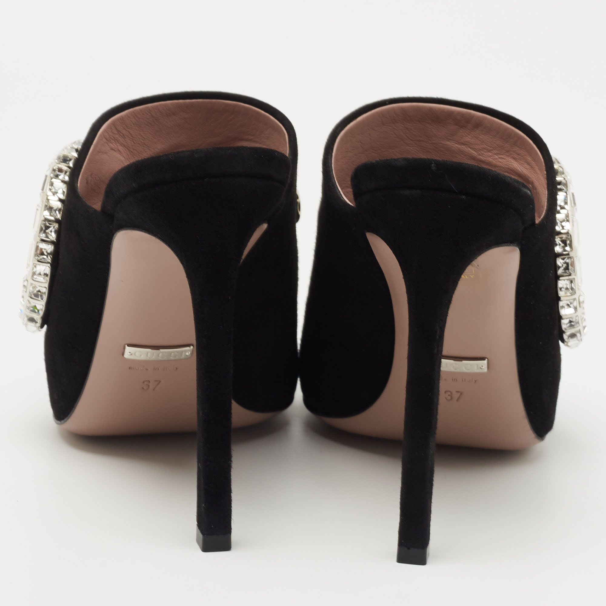Gucci Black Suede Maxime Crystal Embellished Mule Sandals Size 37