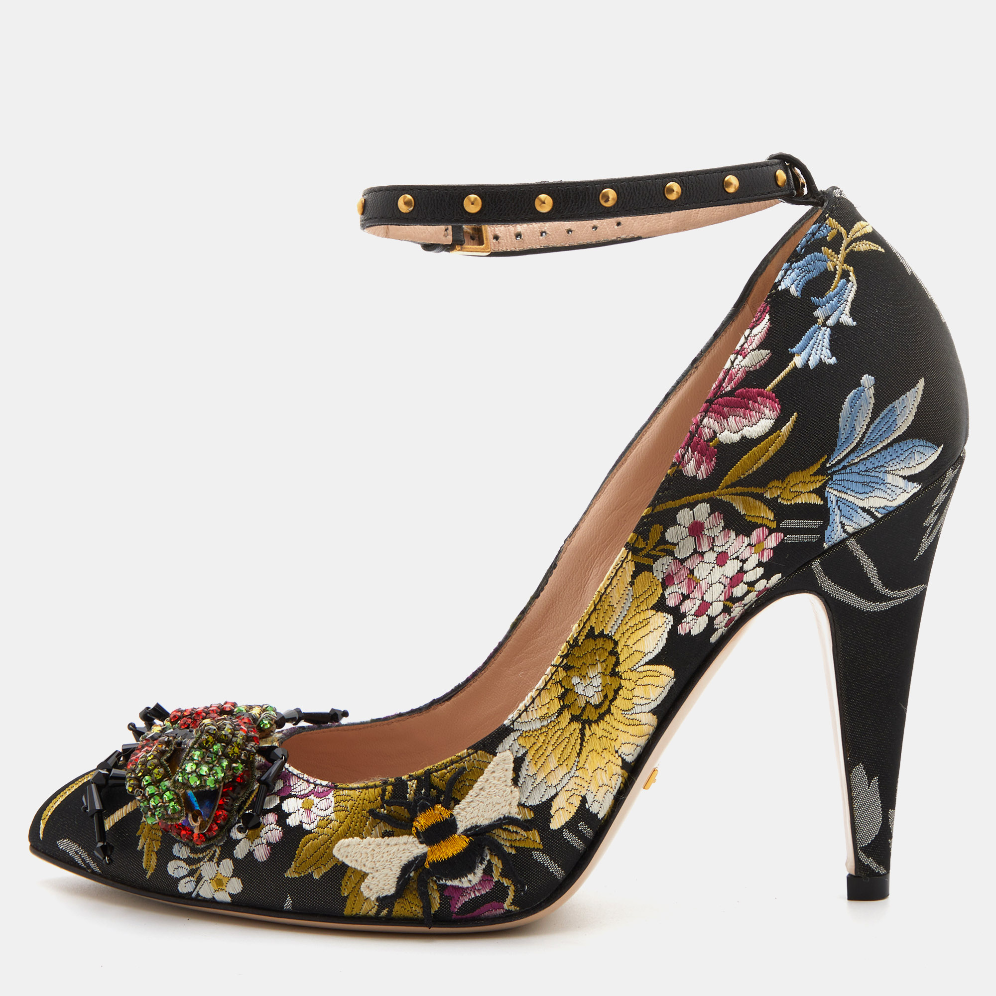 Gucci multicolor jacquard floral dionysus ankle strap pumps size 36.5