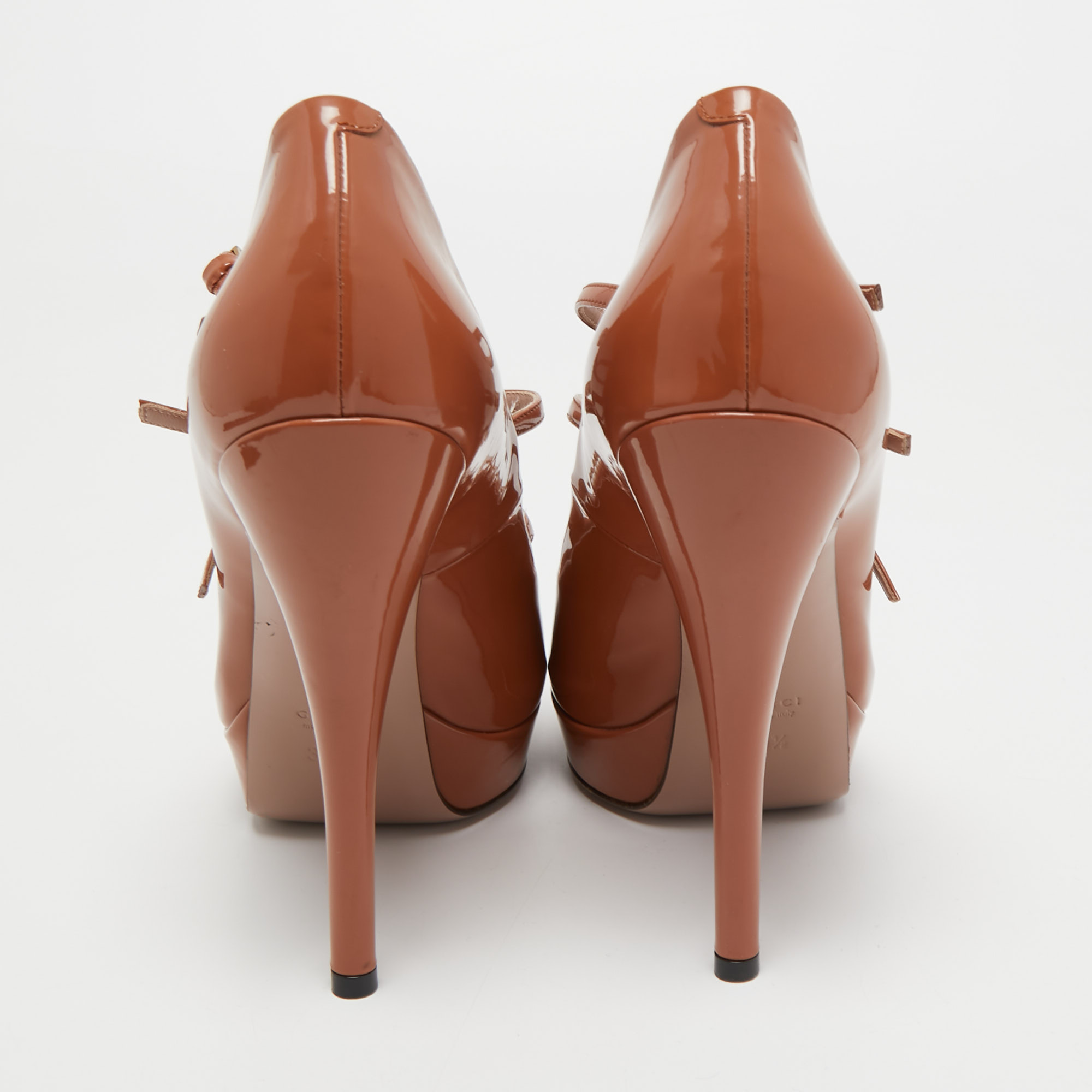 Gucci Brown Patent Leather Lisbeth Peep Toe Pumps Size 39.5