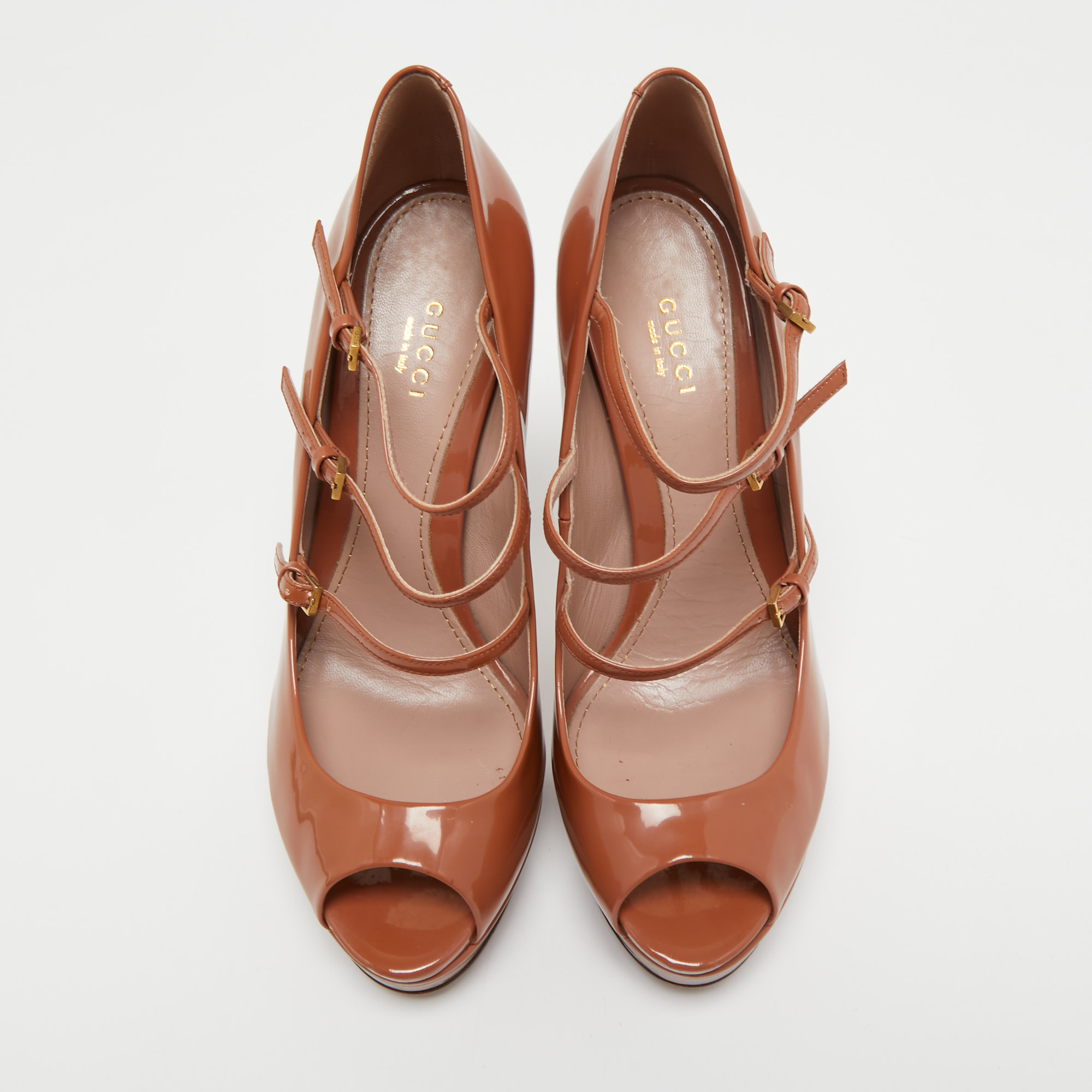 Gucci Brown Patent Leather Lisbeth Peep Toe Pumps Size 39.5