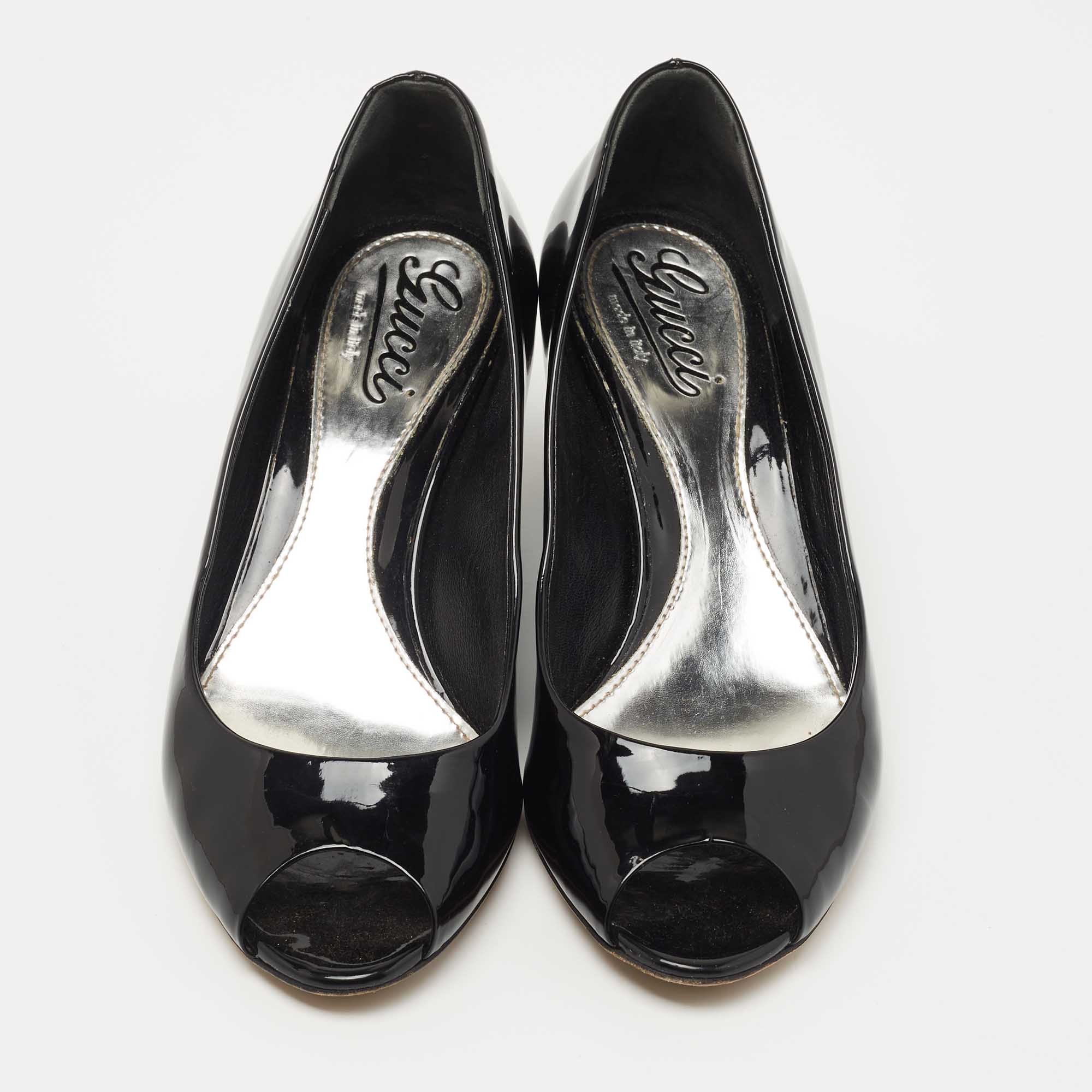 Gucci Black Patent Leather Peep Toe Wedge Pumps Size 36
