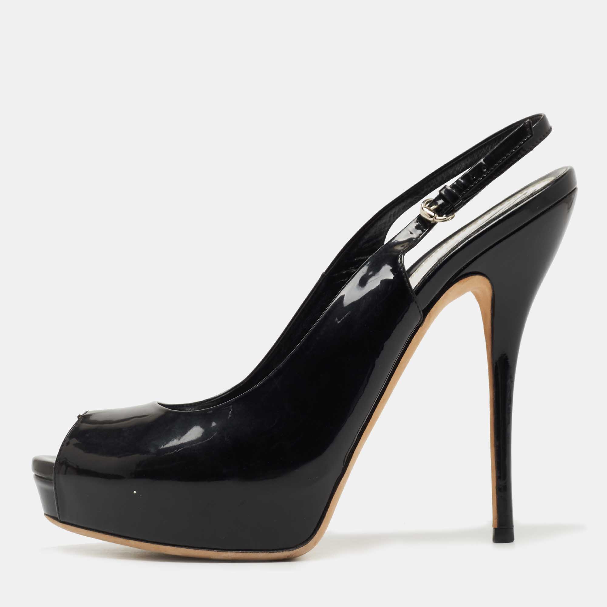 Gucci Black Patent Leather Sofia Slingback Sandals Size 39.5