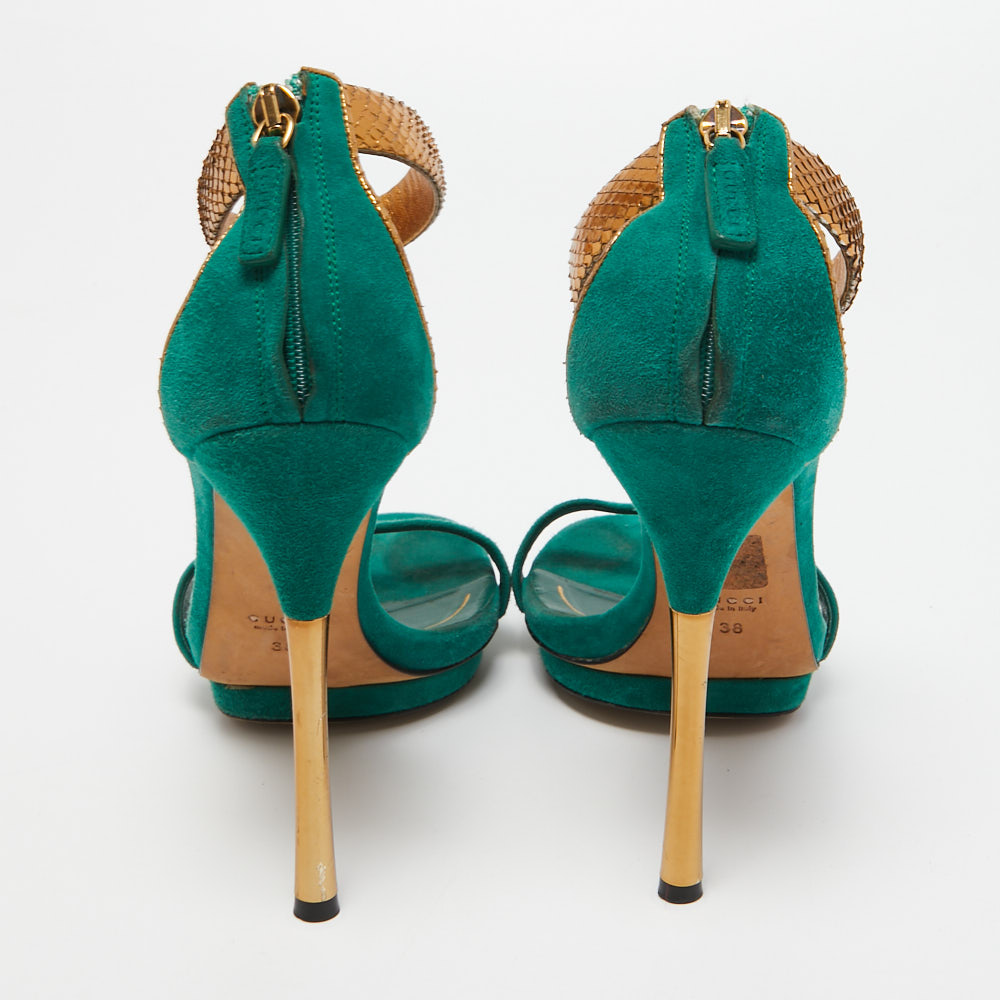Gucci Green/Gold Suede And Snakeskin Ankle Strap Sandals Size 38