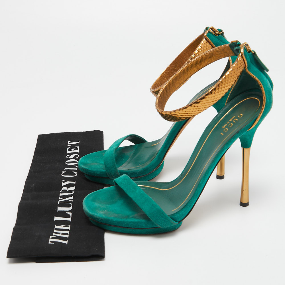 Gucci Green/Gold Suede And Snakeskin Ankle Strap Sandals Size 38
