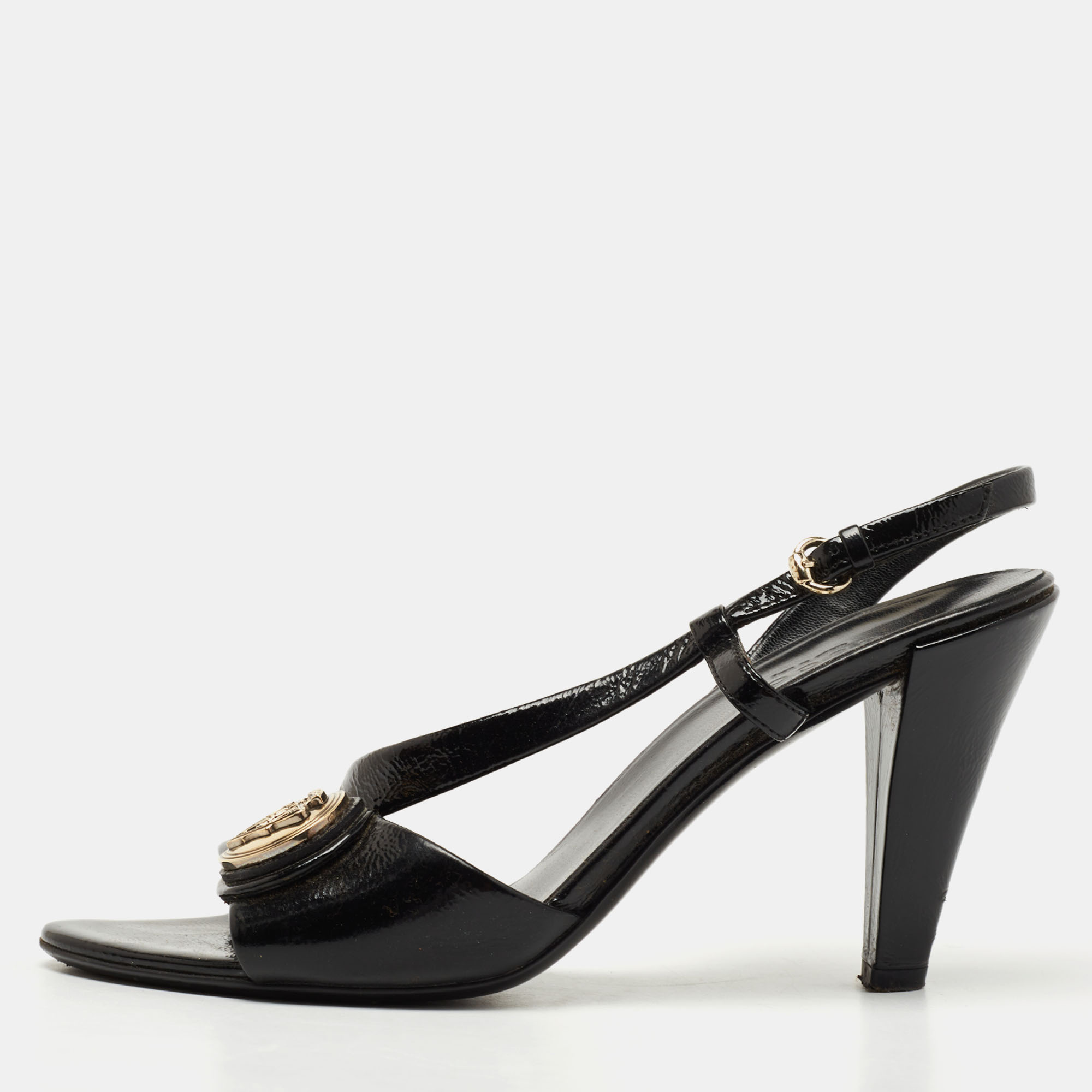 Gucci black patent leather hysteria slingback sandals size 36.5