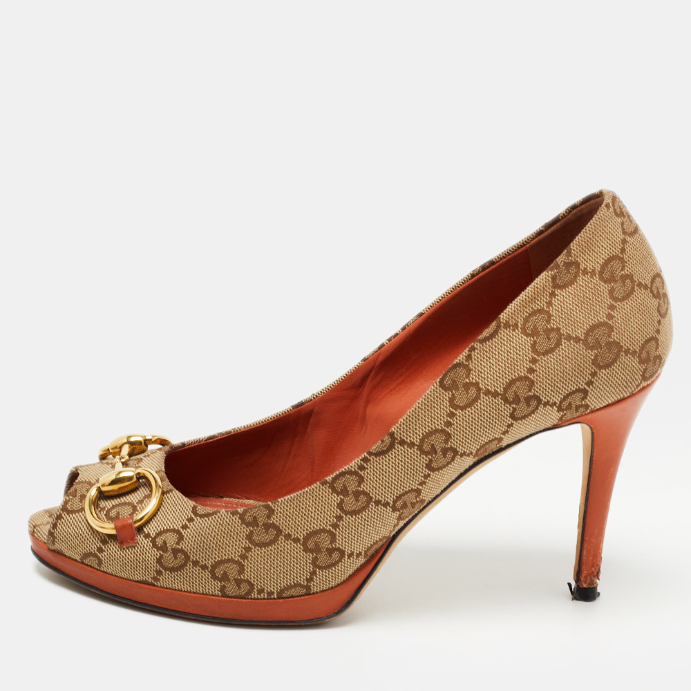 Gucci brown/beige gg canvas new hollywood peep toe pumps size 37.5