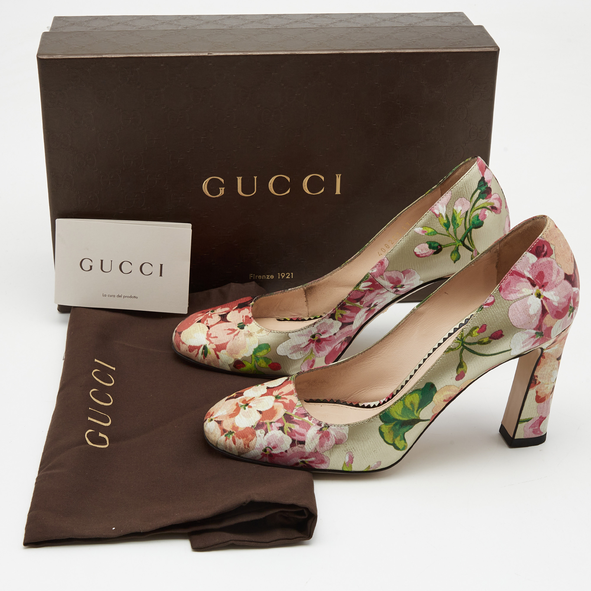 Gucci Multicolor Floral Leather Block Heel Pumps Size 37.5