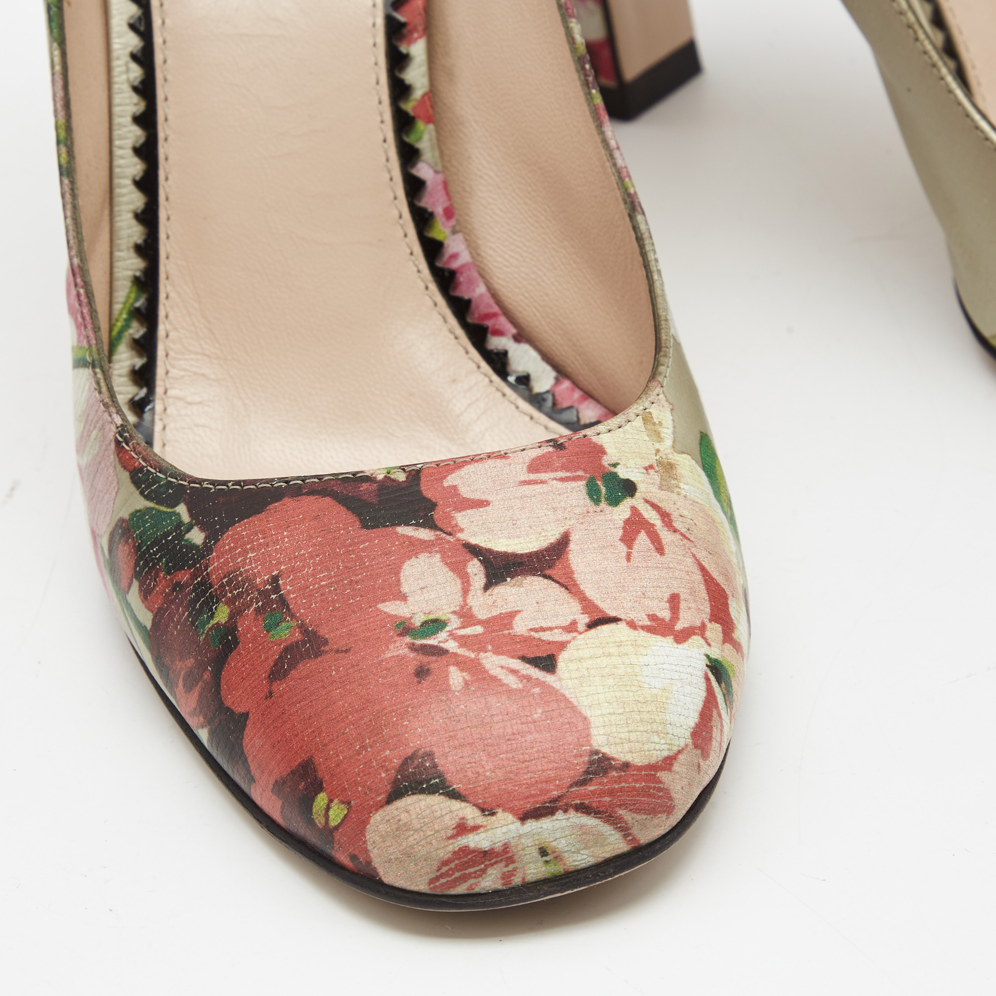 Gucci Multicolor Floral Leather Block Heel Pumps Size 37.5