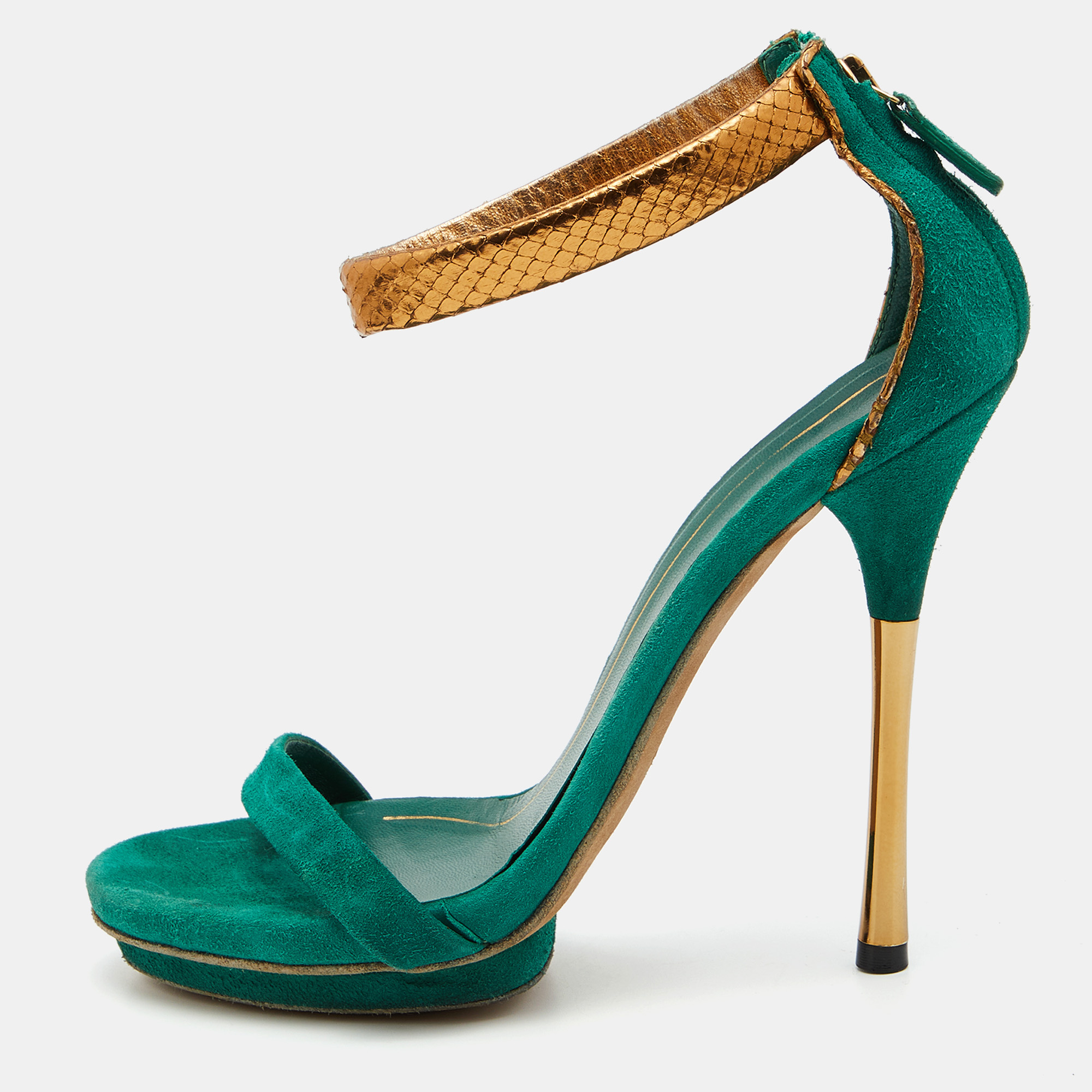 Gucci green/gold suede and snakeskin leather ankle strap sandals size 37.5