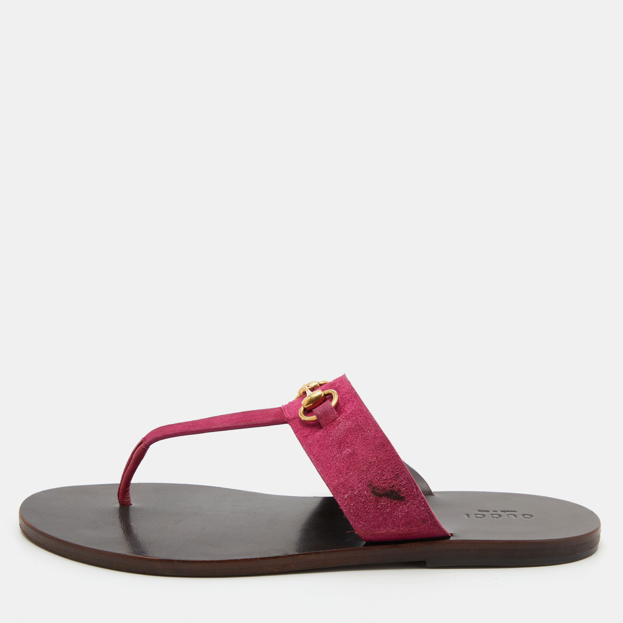 Gucci Pink Suede Horsebit Thong Flat Sandals Size 39