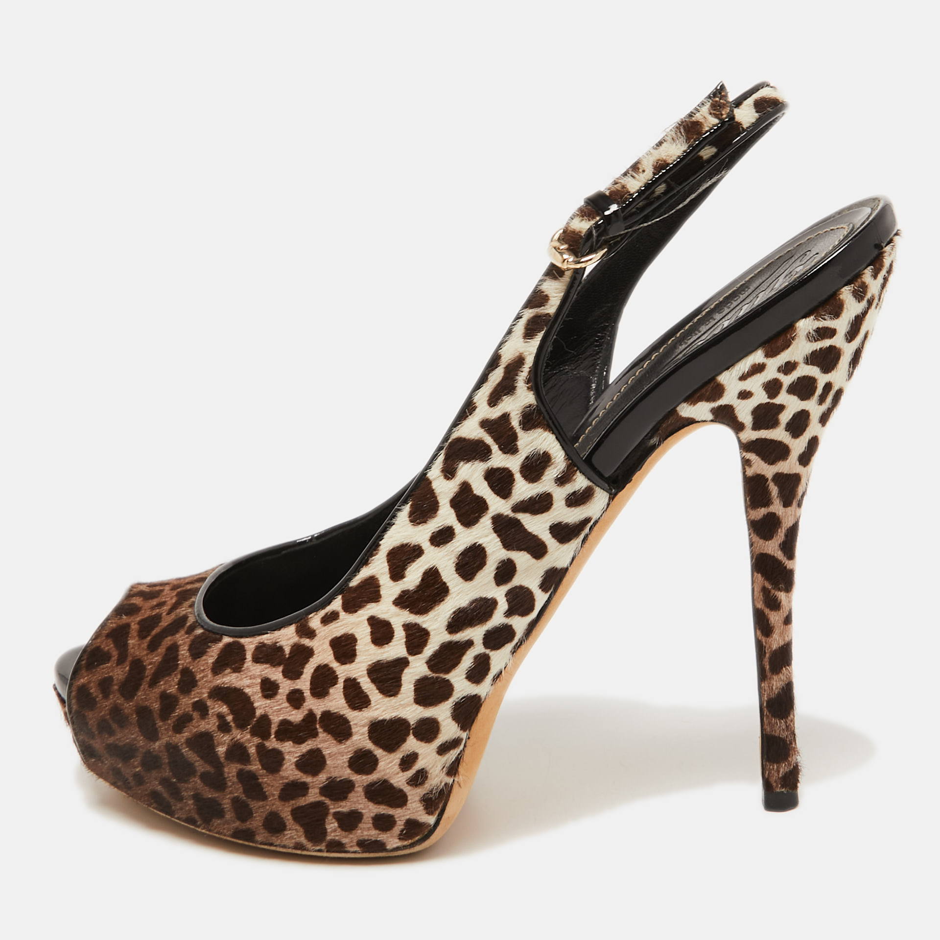

Gucci Brown/White Leopard Print Calf Hair Sofia Platform Slingback Sandals Size