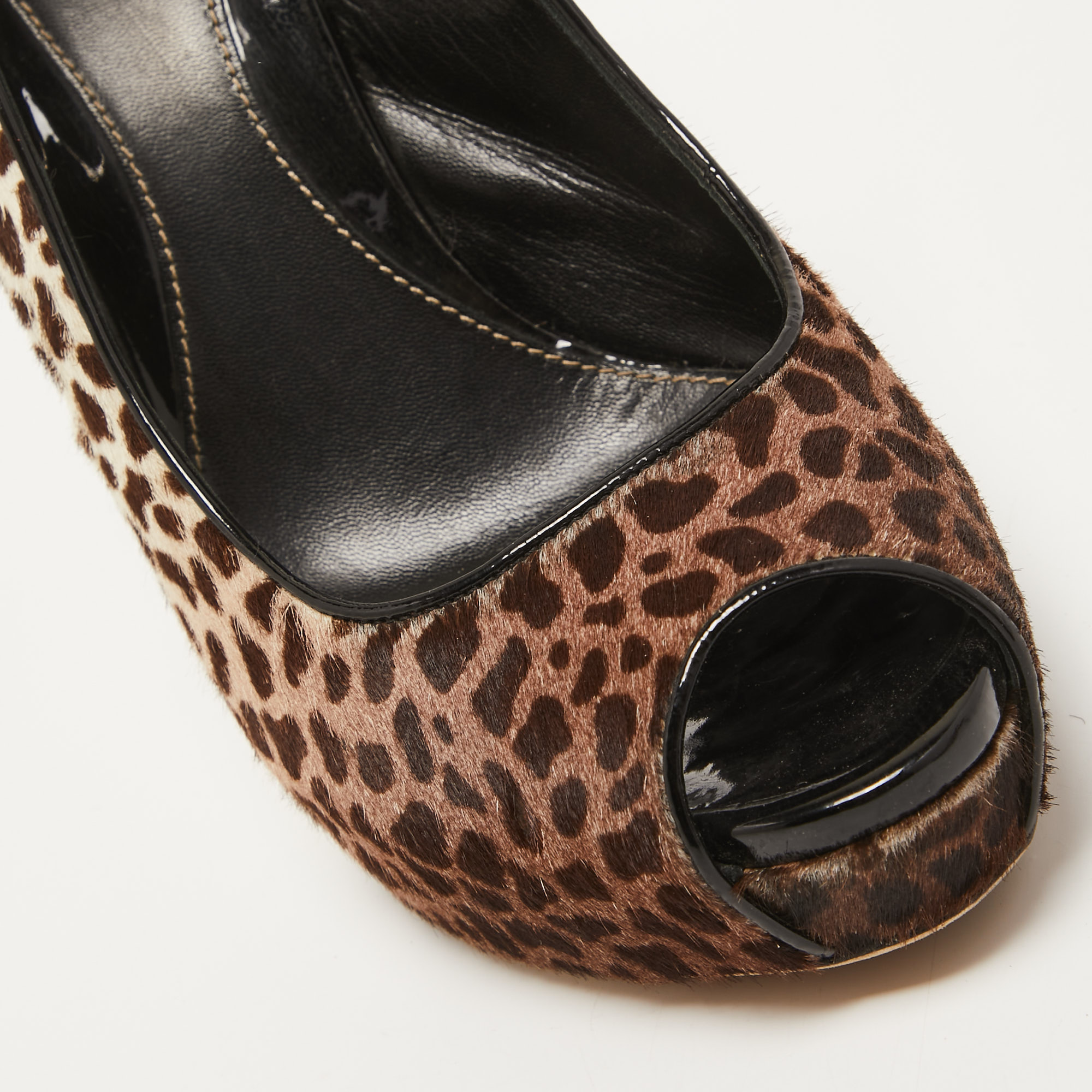 Gucci Brown/White Leopard Print Calf Hair Sofia Platform Slingback Sandals Size 39.5