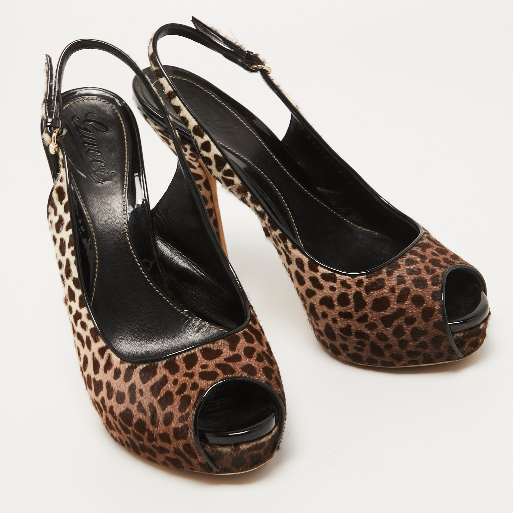 Gucci Brown/White Leopard Print Calf Hair Sofia Platform Slingback Sandals Size 39.5
