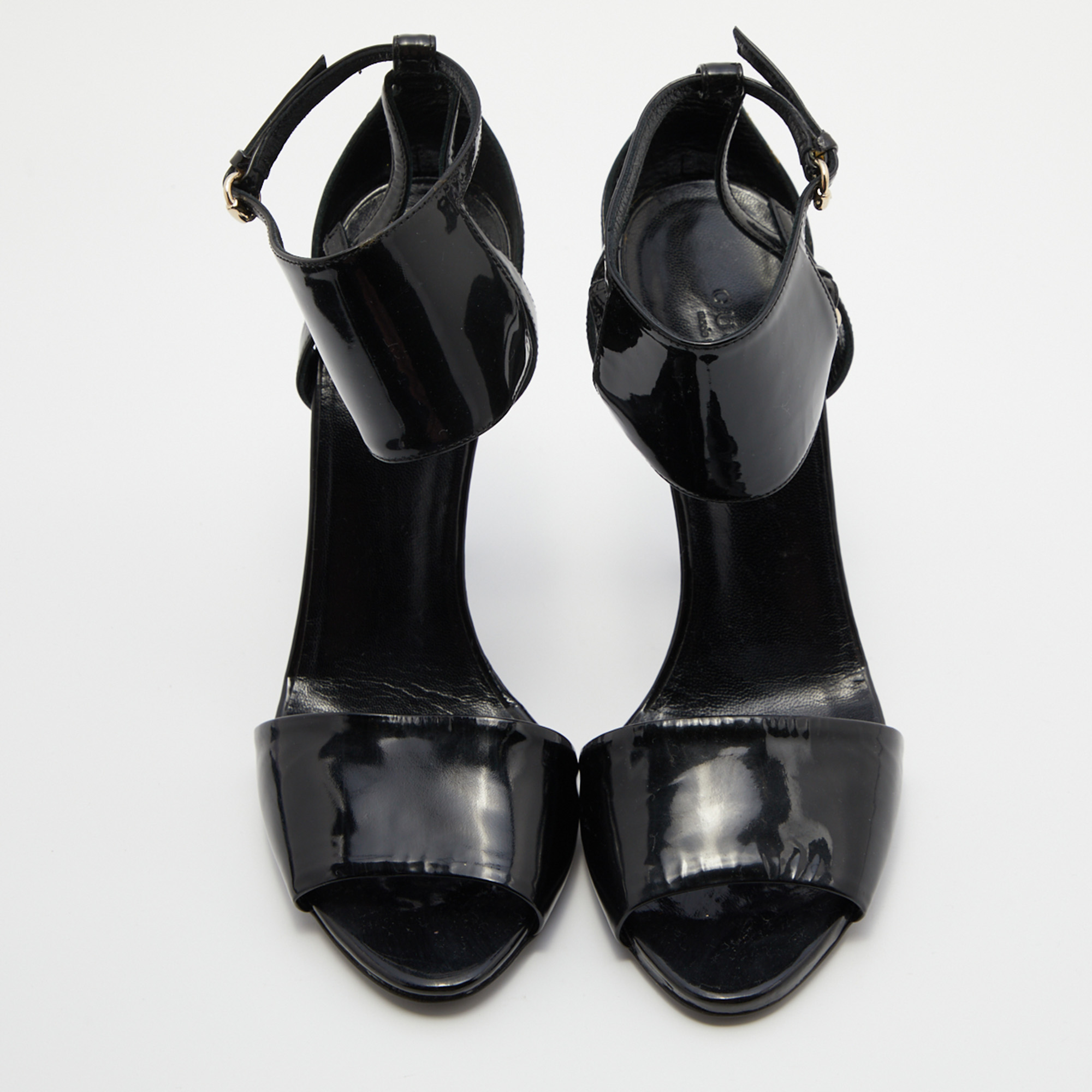 Gucci Black Patent Leather Open Toe Ankle Strap Sandals Size 38.5