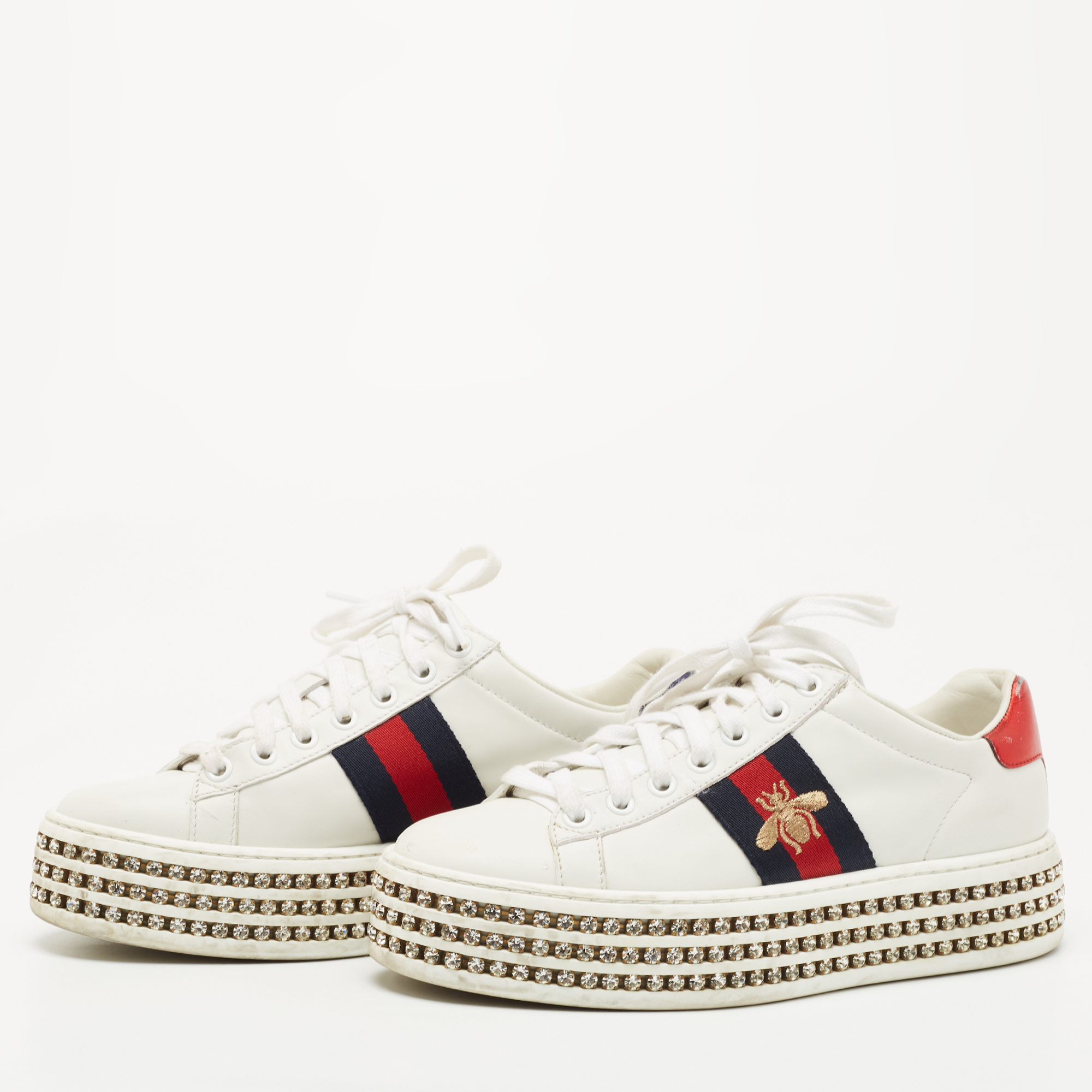 

Gucci White Leather And Bee Web Detail New Ace Crystal Embellished Platform Sneakers Size