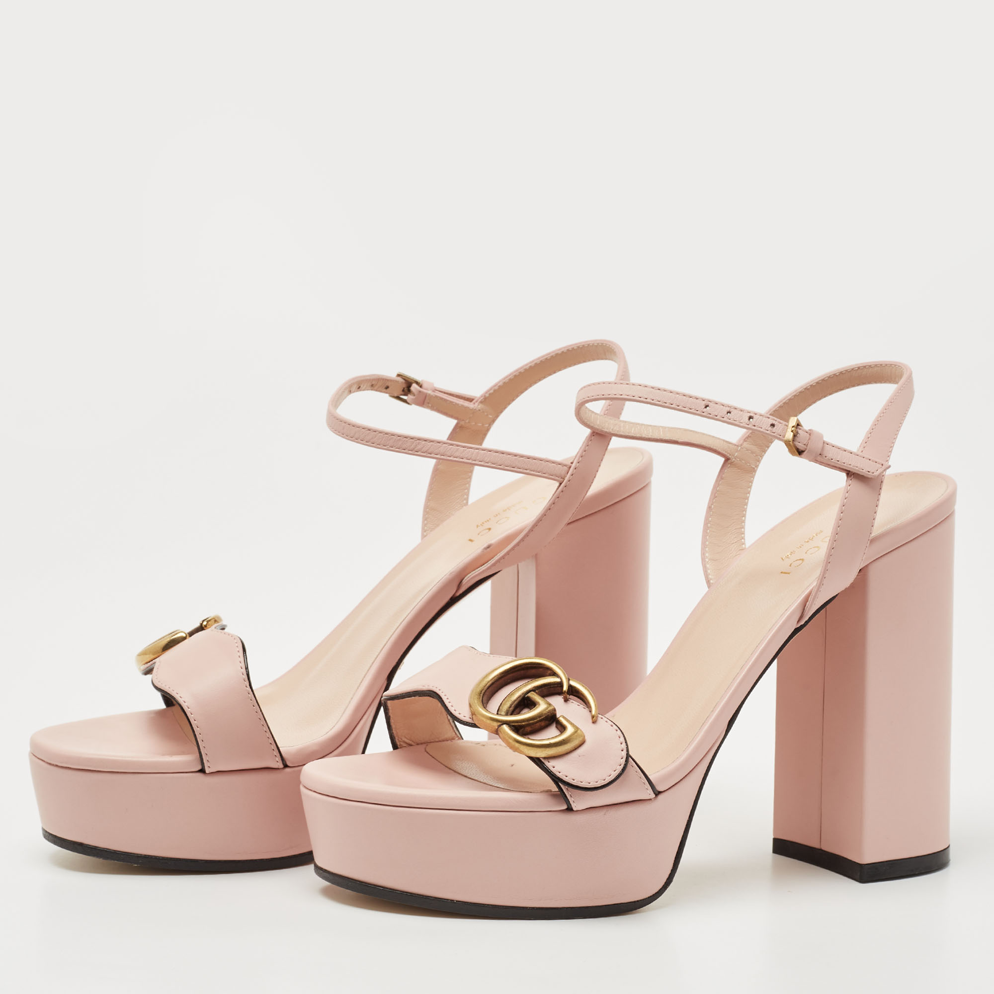 Gucci Pink Leather GG Marmont Block Heel Ankle Strap Platform Sandals Size
Gucci Pink Leather GG Marmont Block Heel Ankle Strap Platform Sandals Size