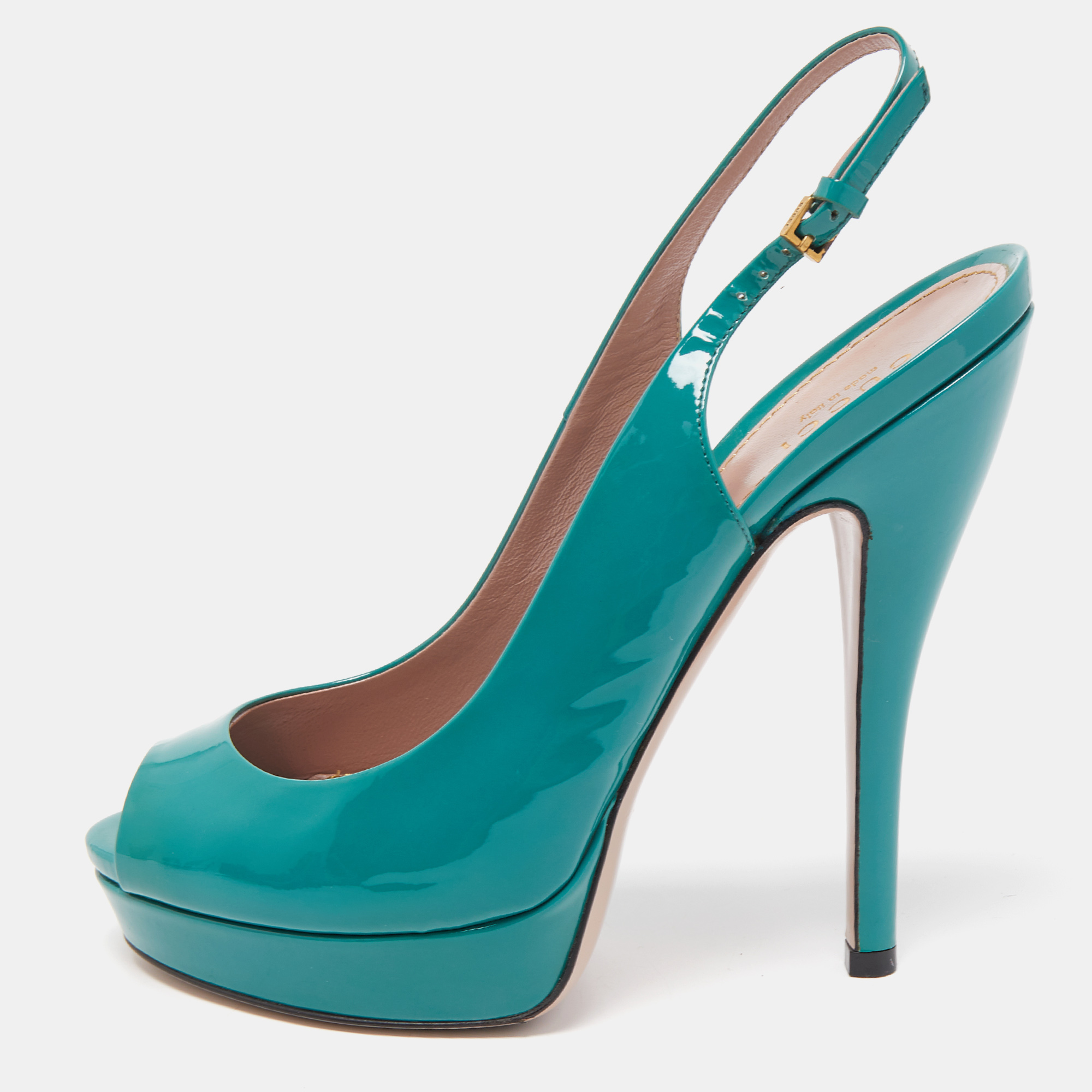 Gucci Green Patent Leather Sofia Peep Toe Slingback Sandals Size 37