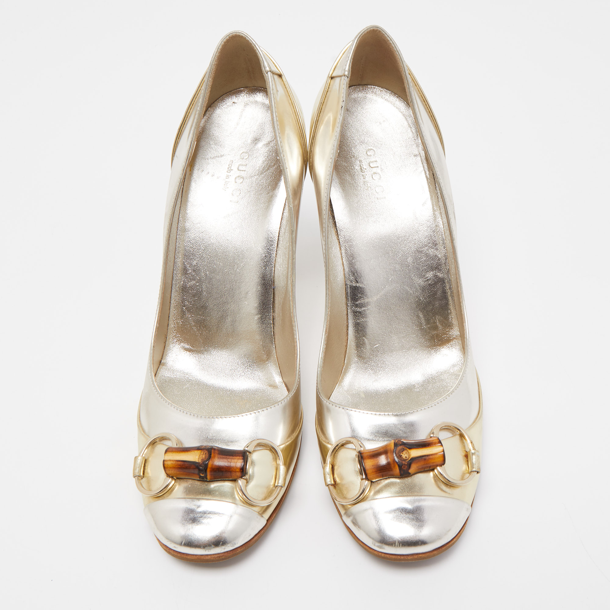 Gucci Gold/Silver Leather Bamboo Horsebit Pumps Size 39