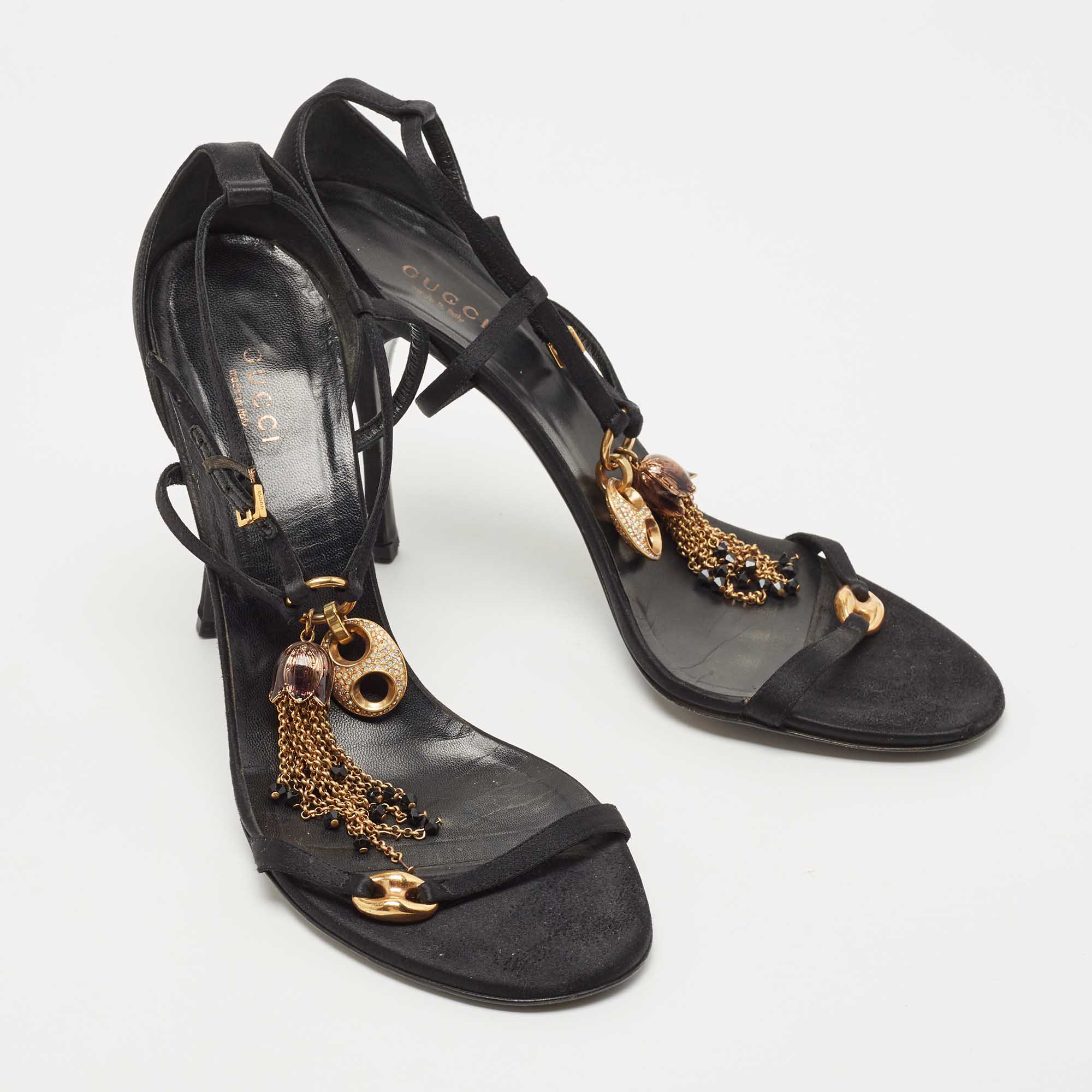 Gucci Black Satin And Leather Embellished Ankle Strap Sandals Size 40.5