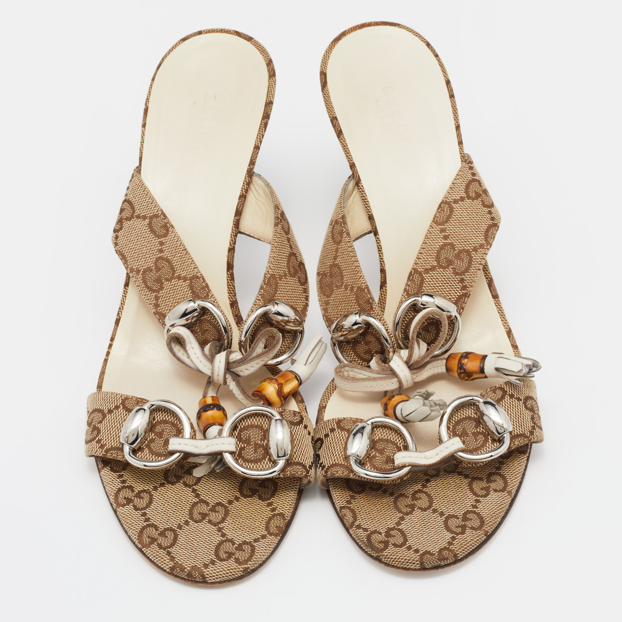 Gucci Brown Canvas Guccissima Bamboo Horsebit Sandals Size 39