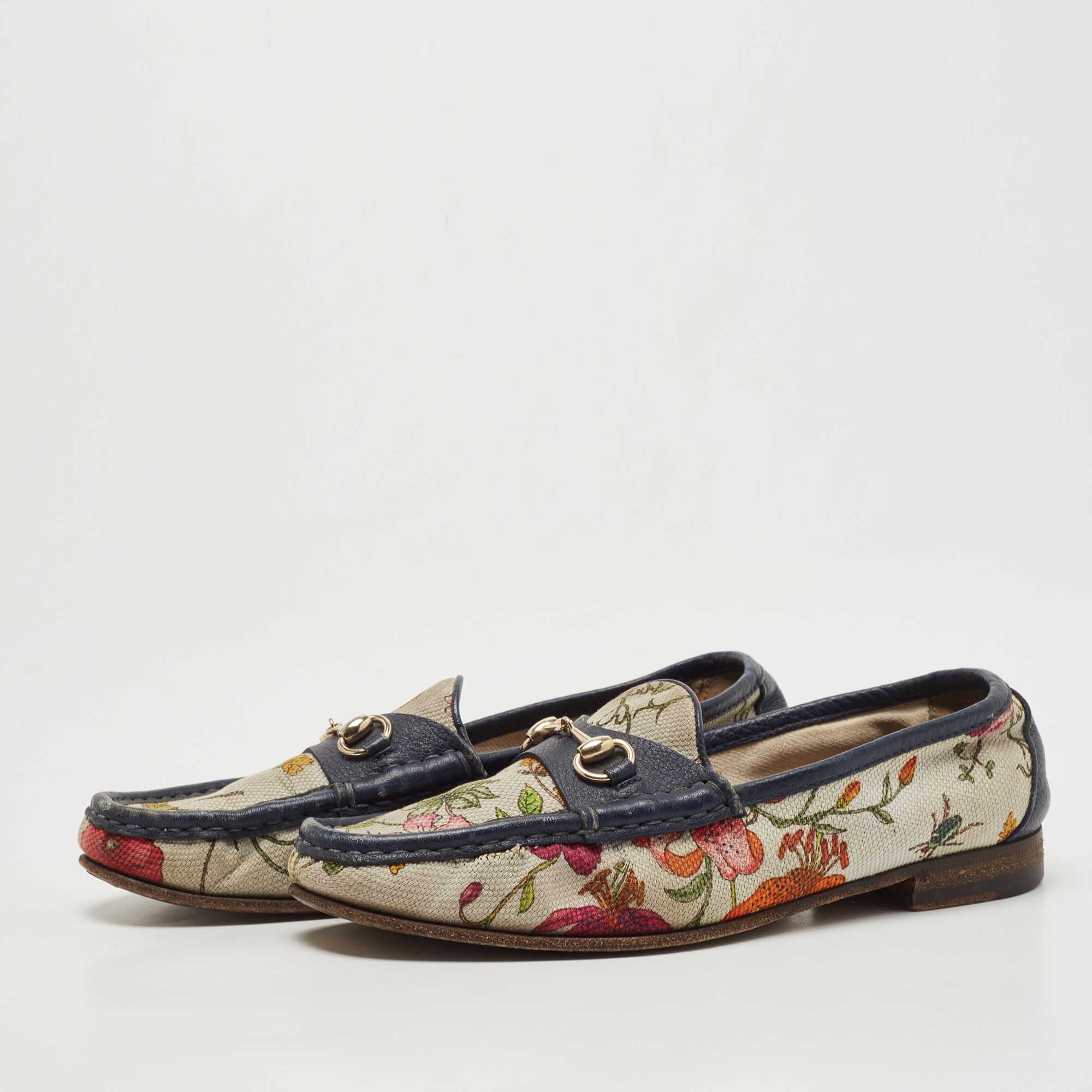 Gucci Navy Blue/White Leather And Floral Print Canvas 1953 Horsebit Loafers Size 36