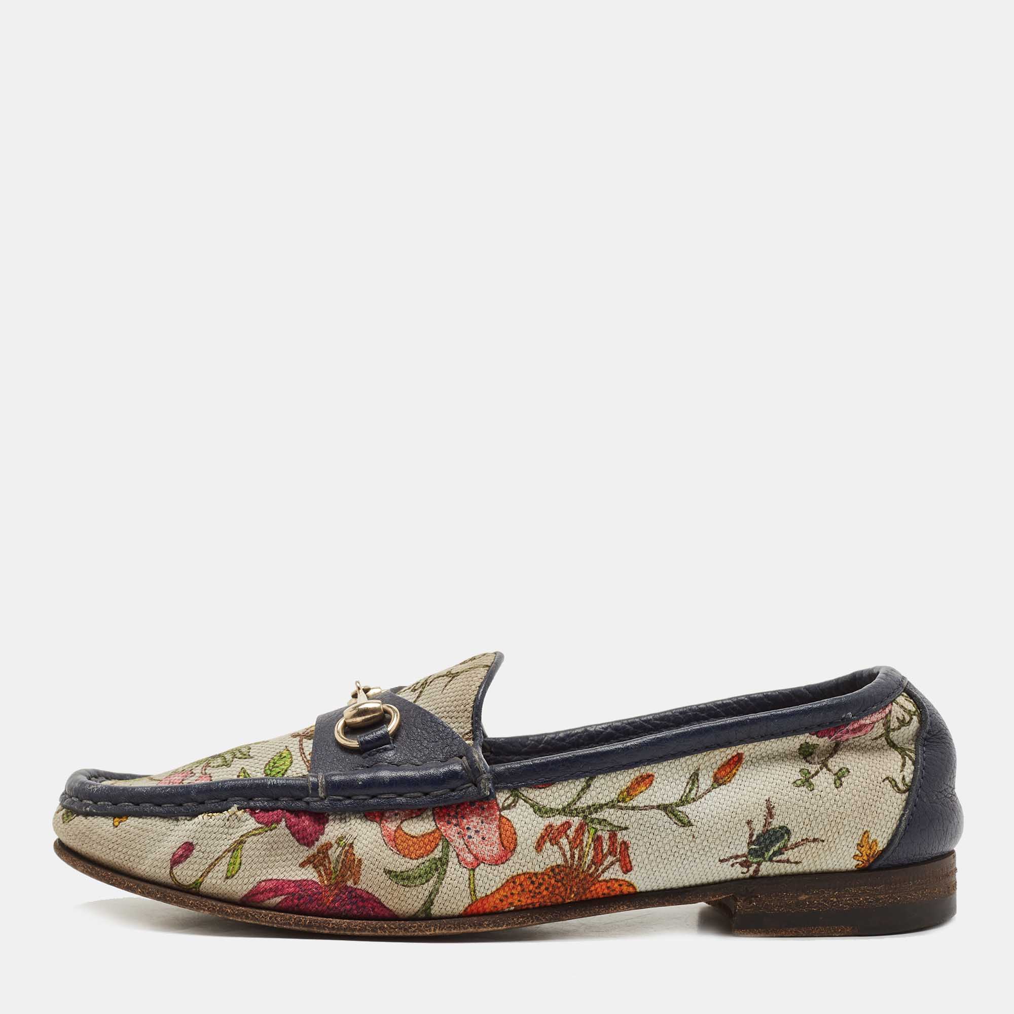 Gucci navy blue/white leather and floral print canvas 1953 horsebit loafers size 36