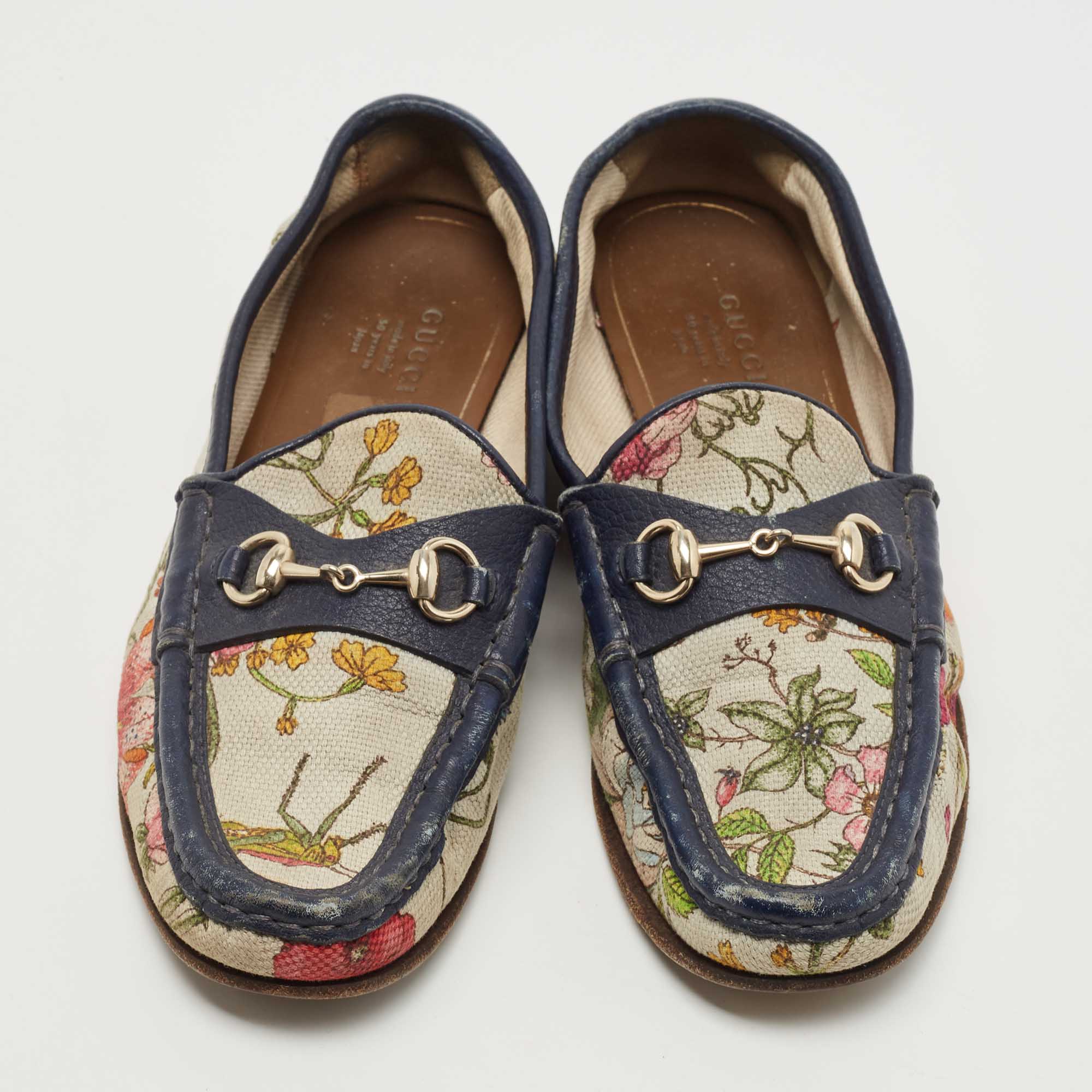 Gucci Navy Blue/White Leather And Floral Print Canvas 1953 Horsebit Loafers Size 36
